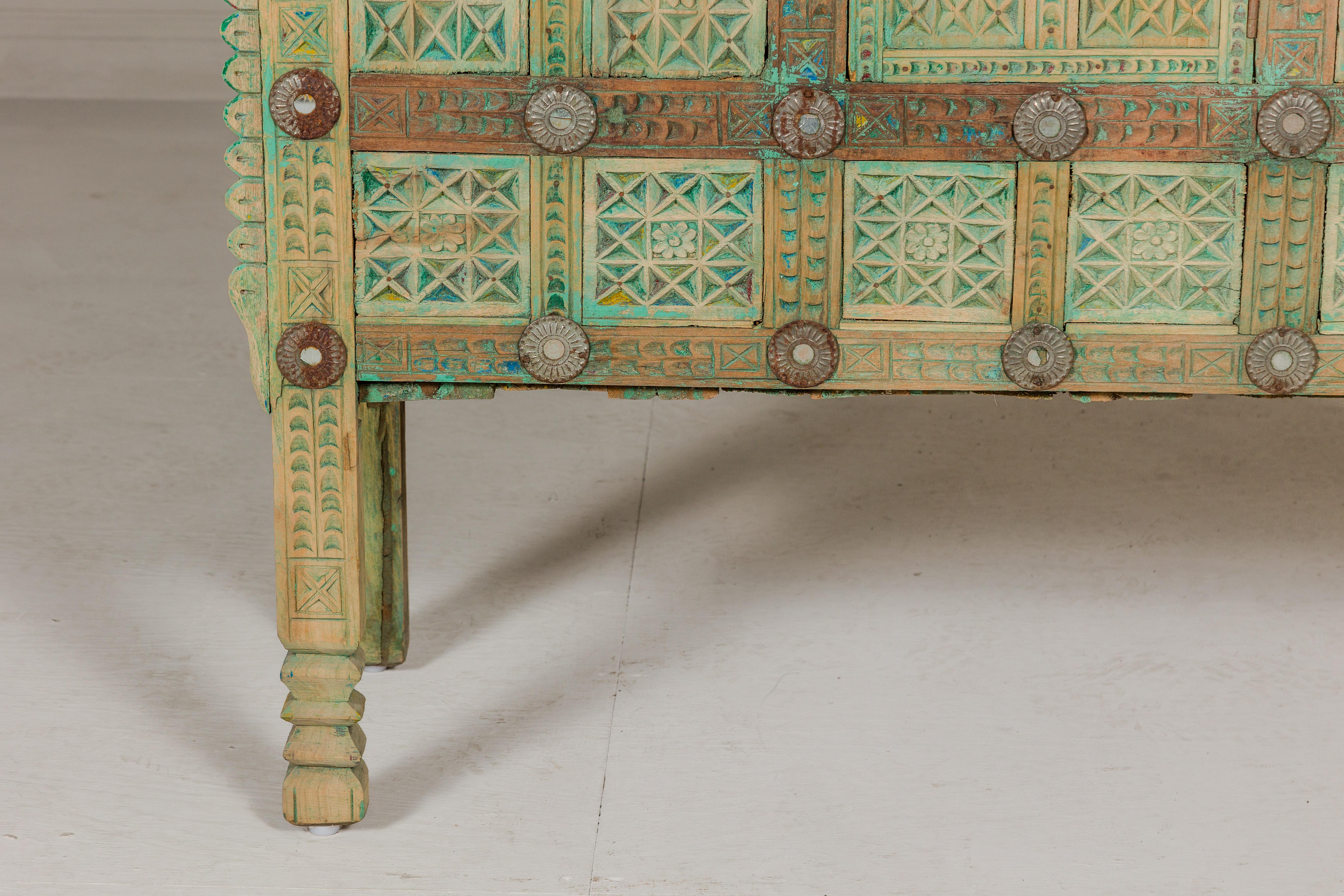 Indian Antique Green Painted Damachiya Wedding Cabinet on Legs with Carved Décor For Sale 2