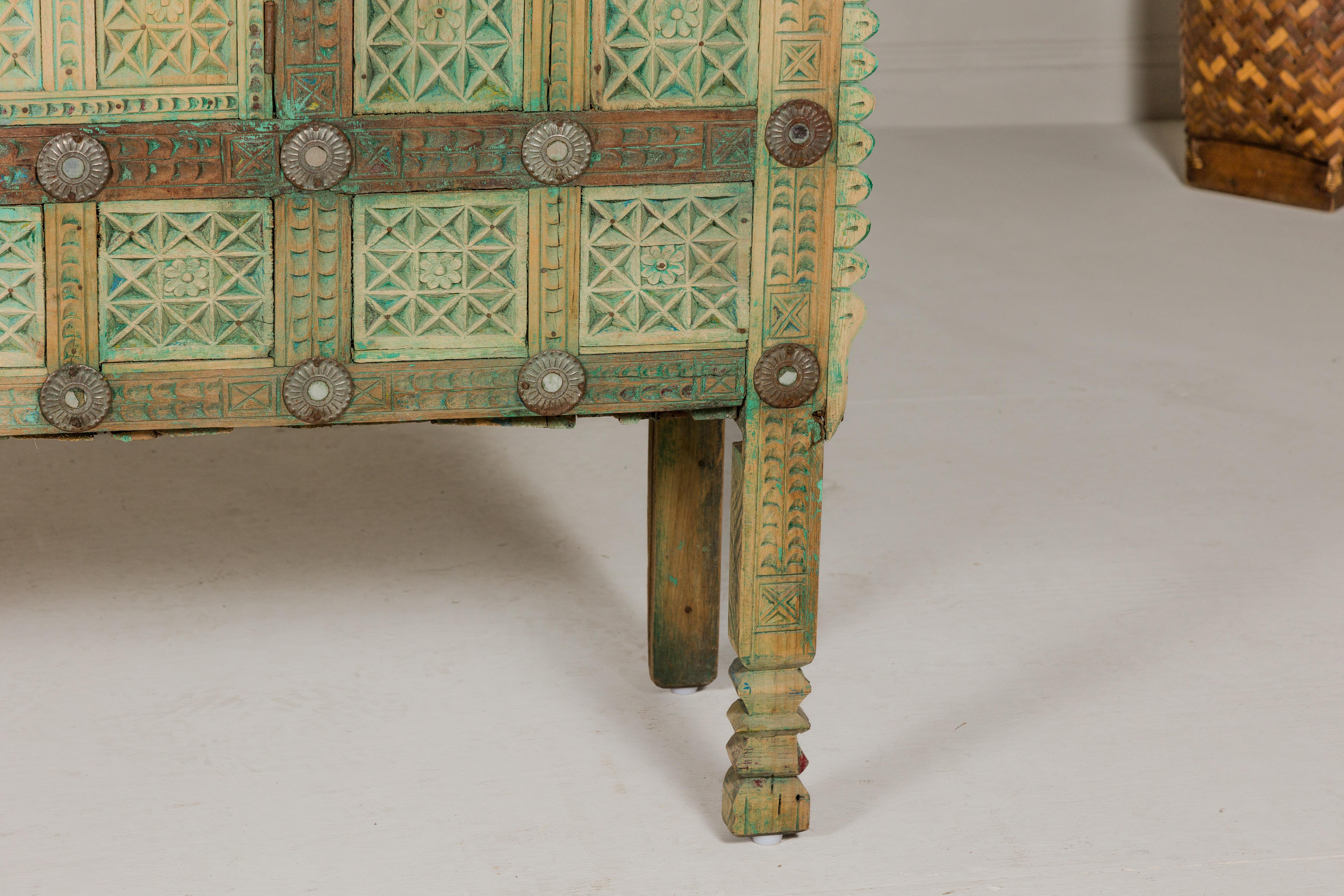 Indian Antique Green Painted Damachiya Wedding Cabinet on Legs with Carved Décor For Sale 3