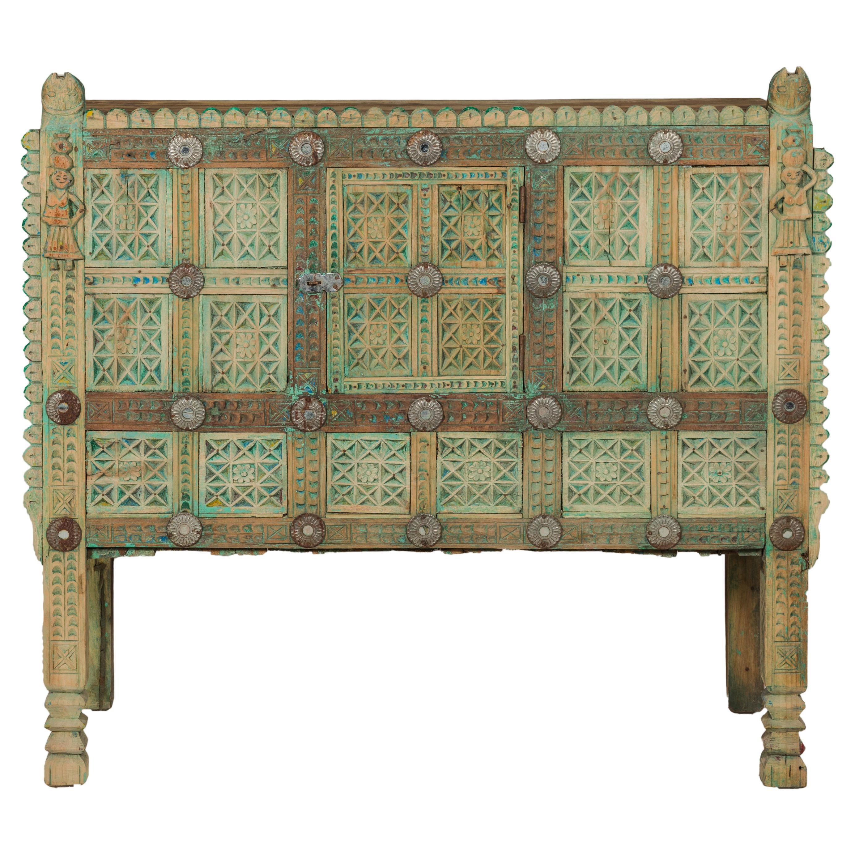 Indian Antique Green Painted Damachiya Wedding Cabinet on Legs with Carved Décor For Sale