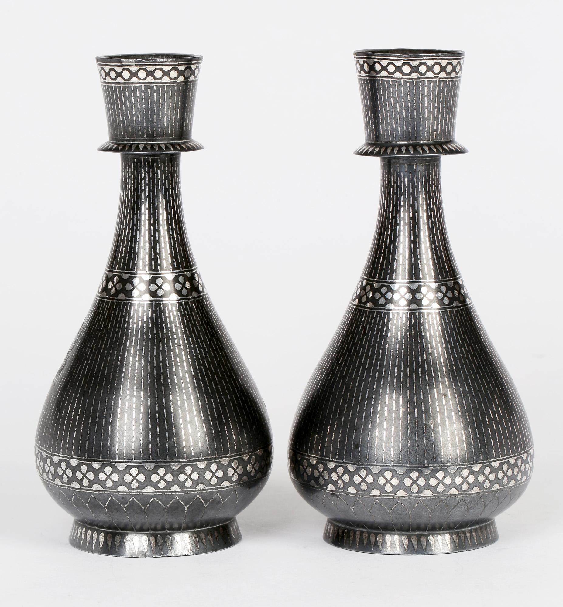 Indian Antique Pair Bidri Ware Silver Overlay Metal Vases For Sale 1
