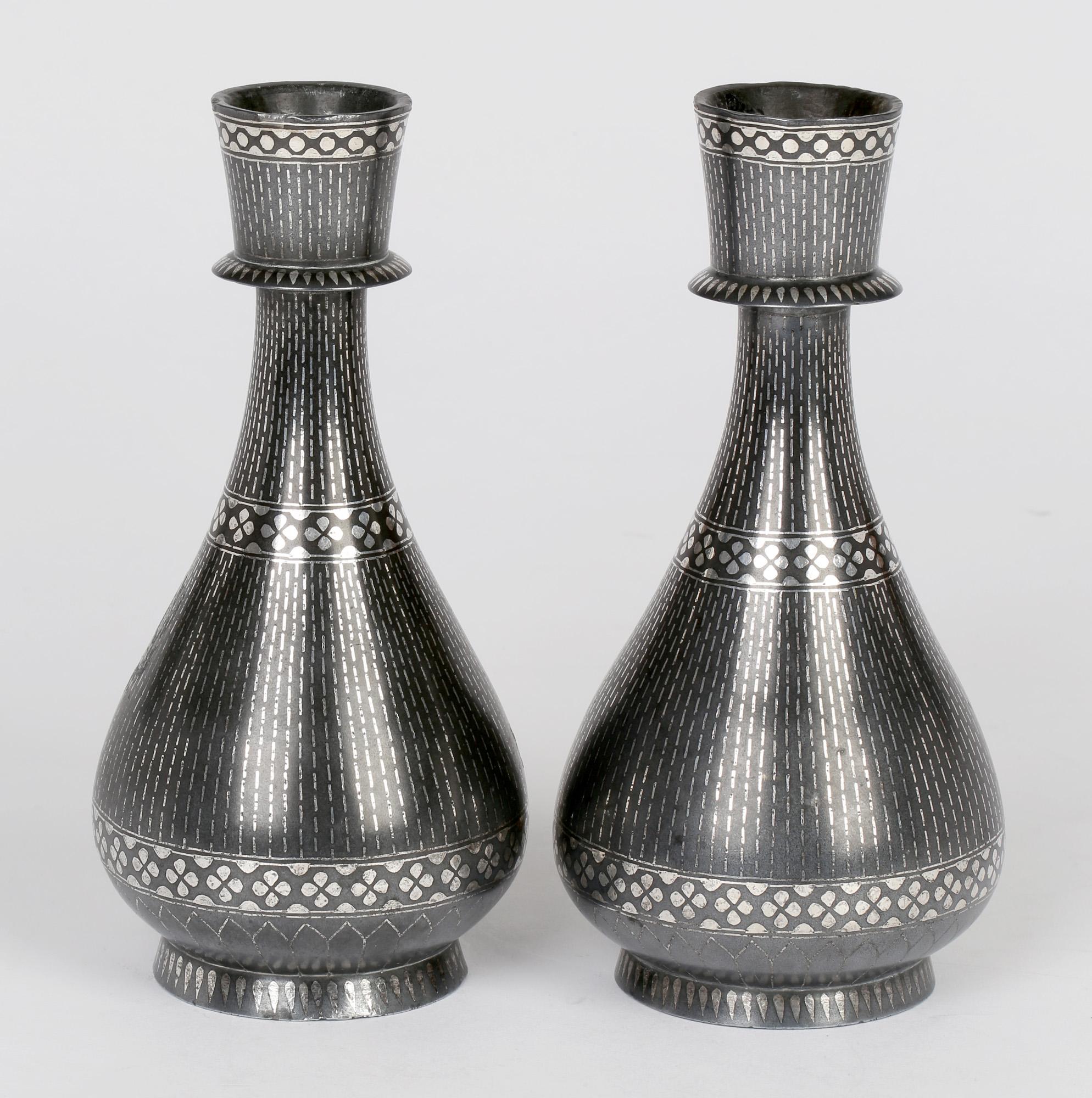 Indian Antique Pair Bidri Ware Silver Overlay Metal Vases For Sale 2