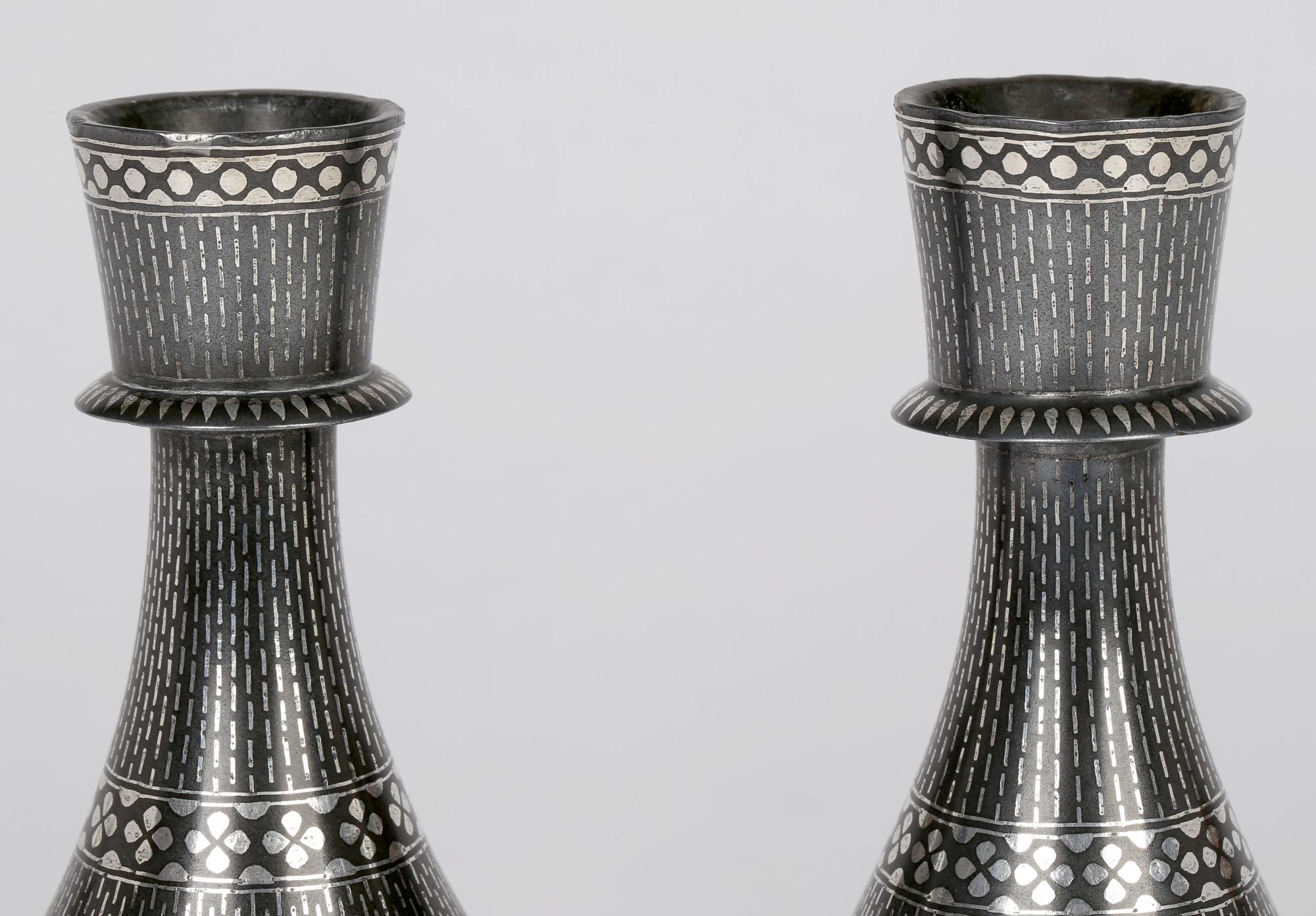 Indian Antique Pair Bidri Ware Silver Overlay Metal Vases For Sale 3