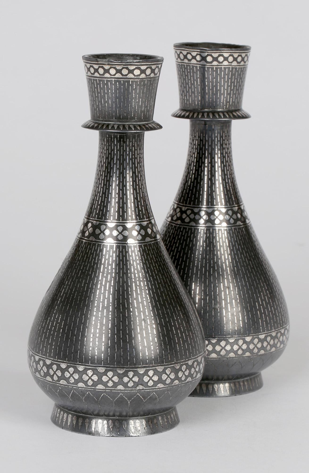 Indian Antique Pair Bidri Ware Silver Overlay Metal Vases For Sale 7