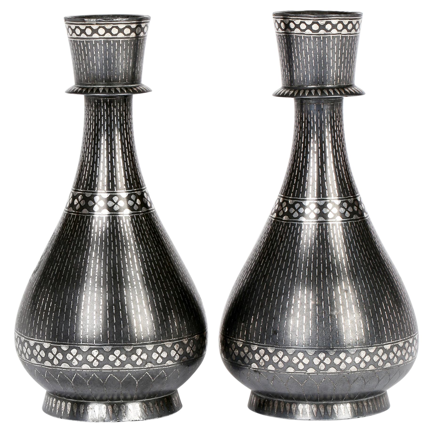 Indian Antique Pair Bidri Ware Silver Overlay Metal Vases For Sale