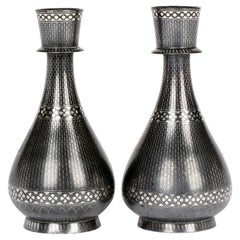 Indian Antique Pair Bidri Ware Silver Overlay Metal Vases