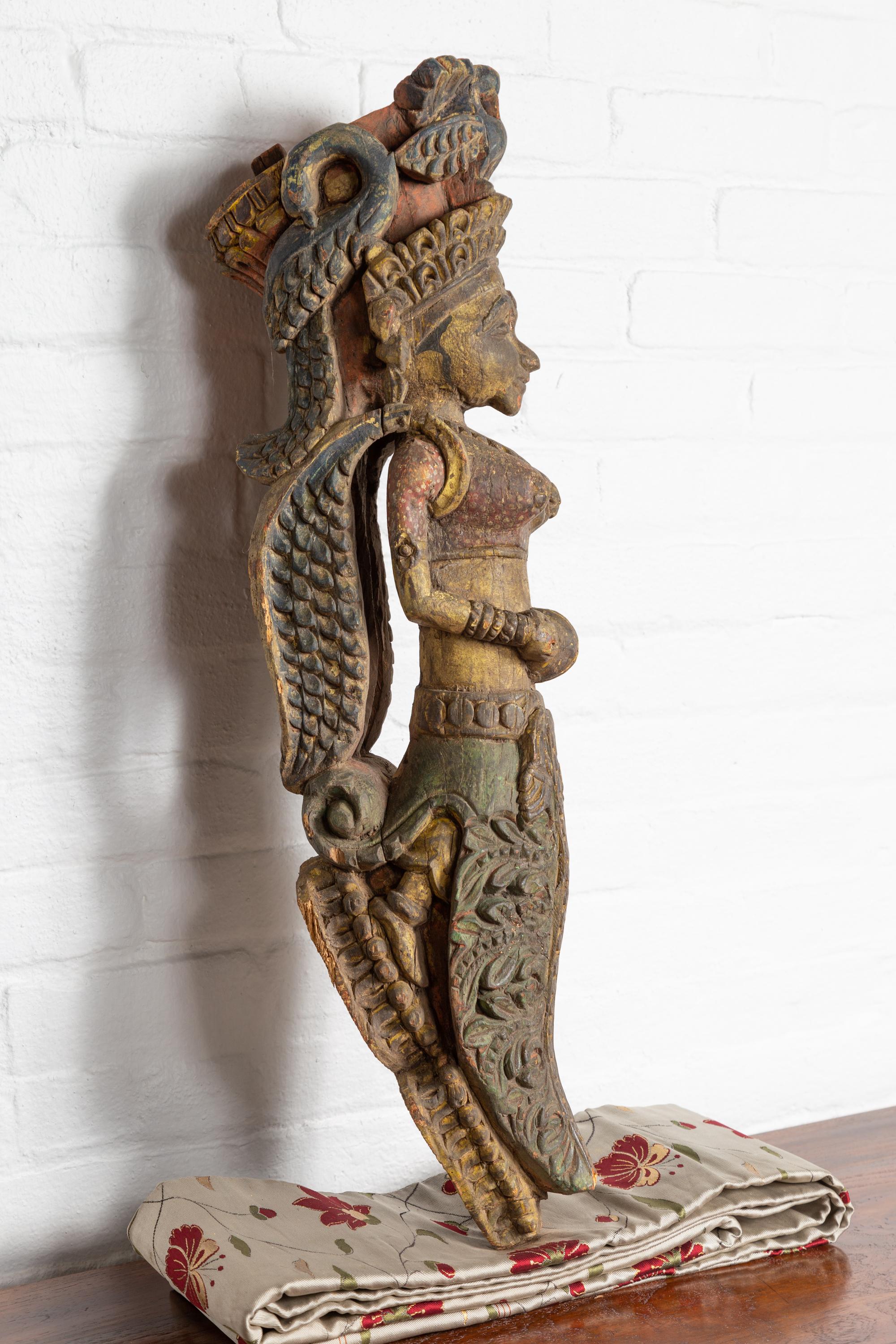 Indian Antique Polychrome Hand Carved Statue Depicting a Celestial Musician For Sale 2