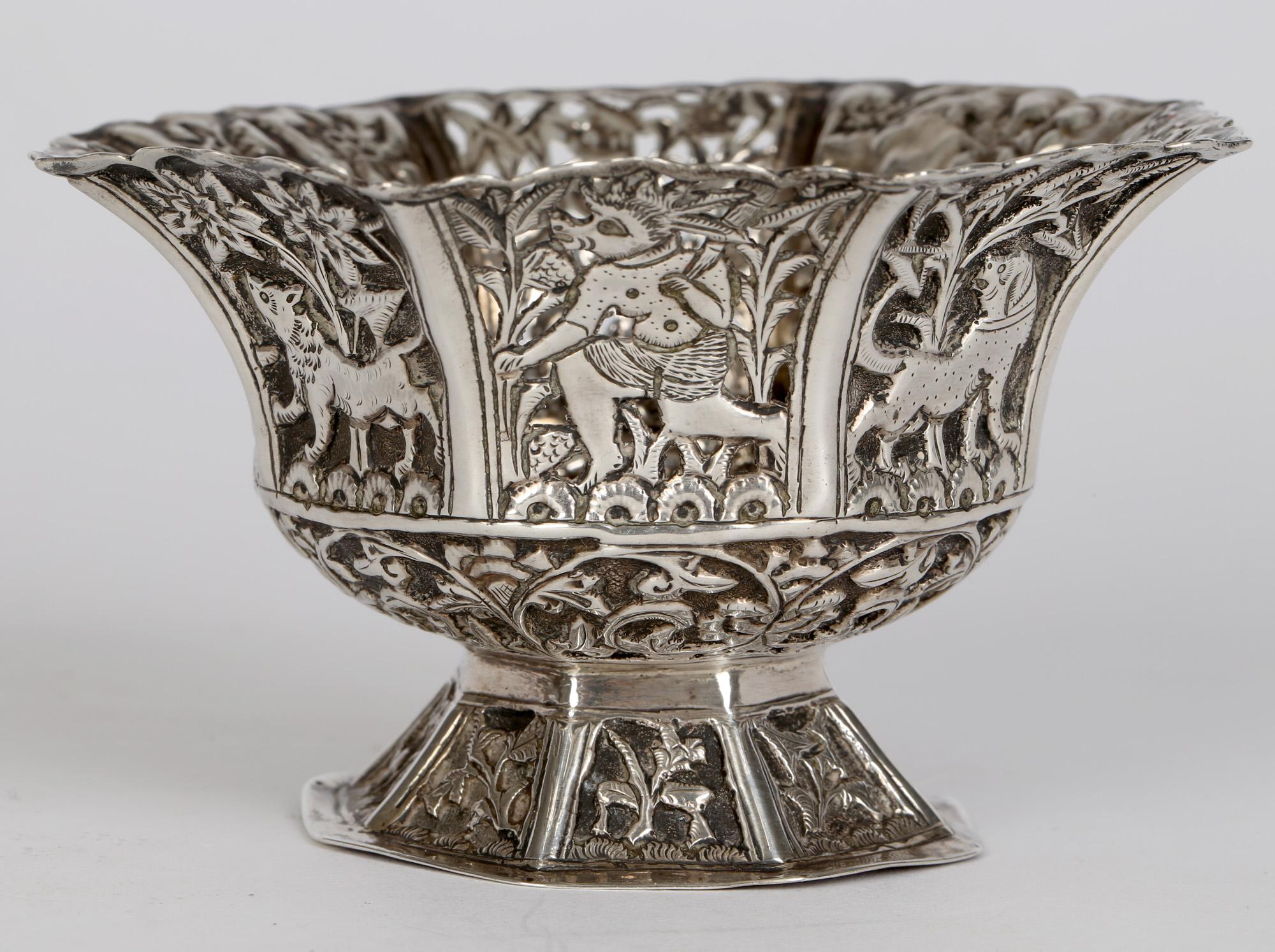 Hand-Crafted Indian Antique Silver Anthropomorphic Design Bowl with Animals For Sale