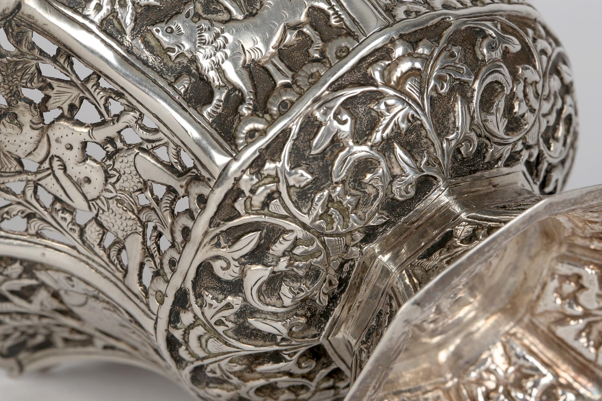 19th Century Indian Antique Silver Anthropomorphic Design Bowl with Animals For Sale