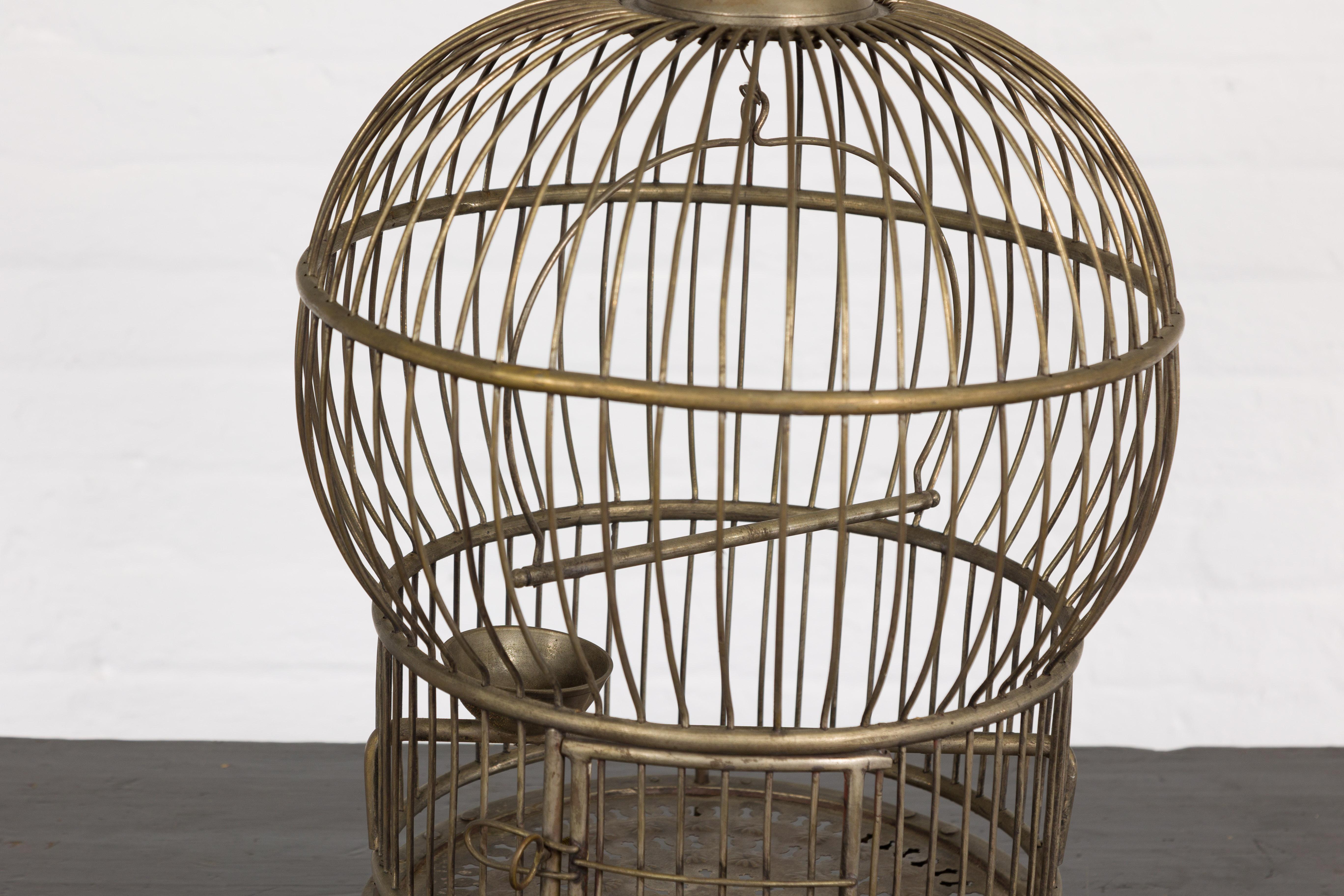 20th Century Indian Antique Silver over Brass Montgolfière Shaped Bird Cage with Pierced Feet