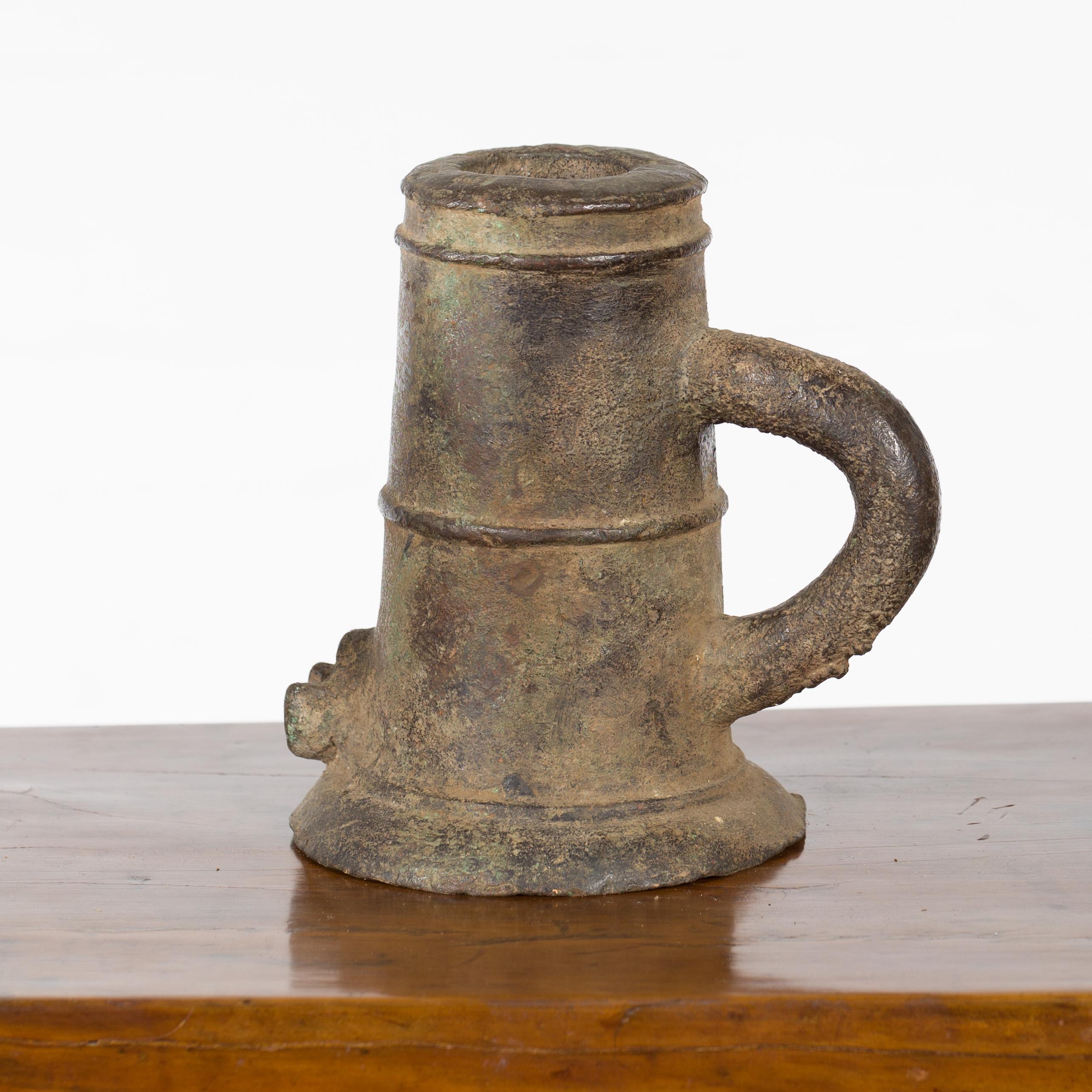 Indian Antique Smelting Pot with Back Handle, Front Spout and Weathered Patina In Good Condition For Sale In Yonkers, NY