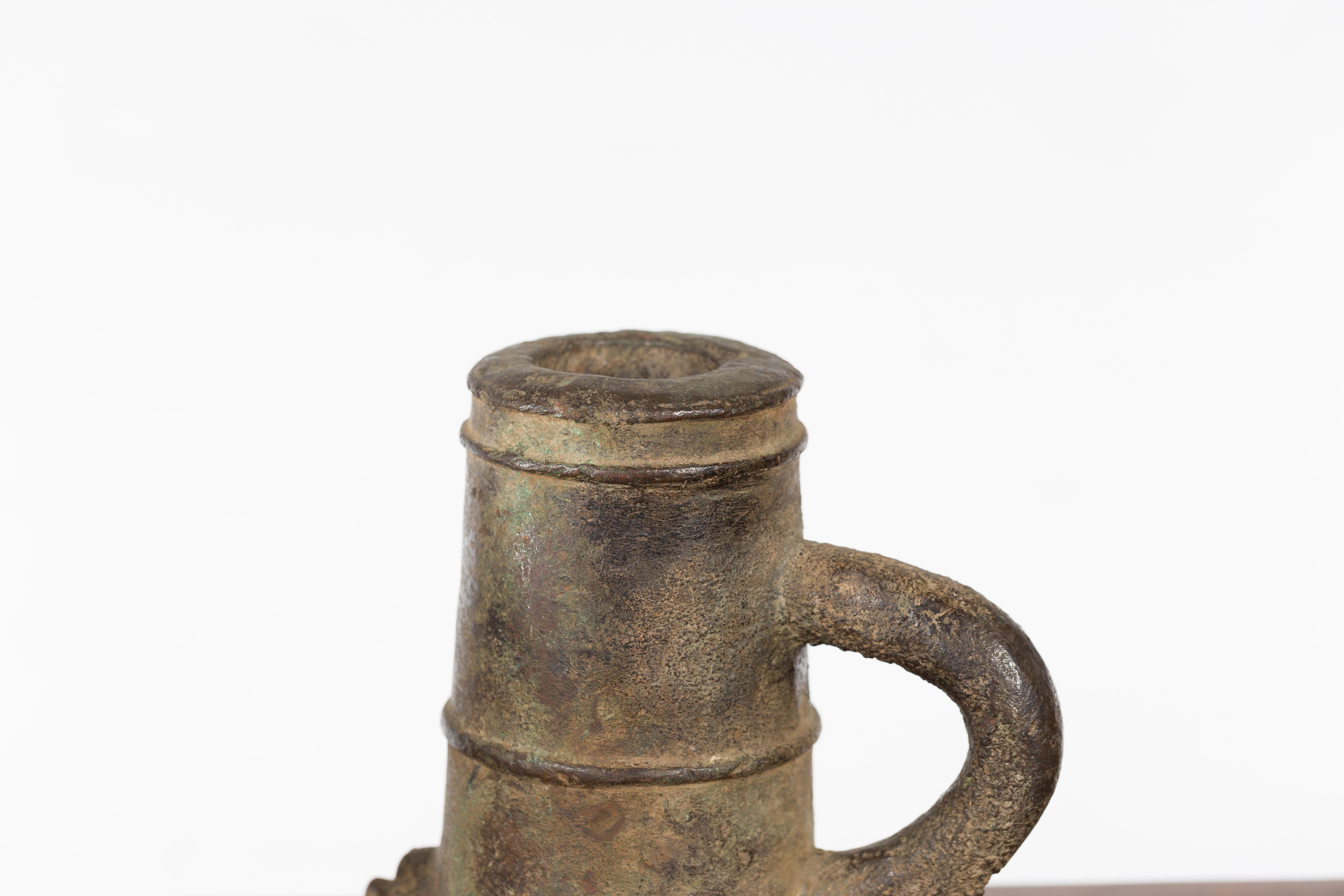 19th Century Indian Antique Smelting Pot with Back Handle, Front Spout and Weathered Patina For Sale