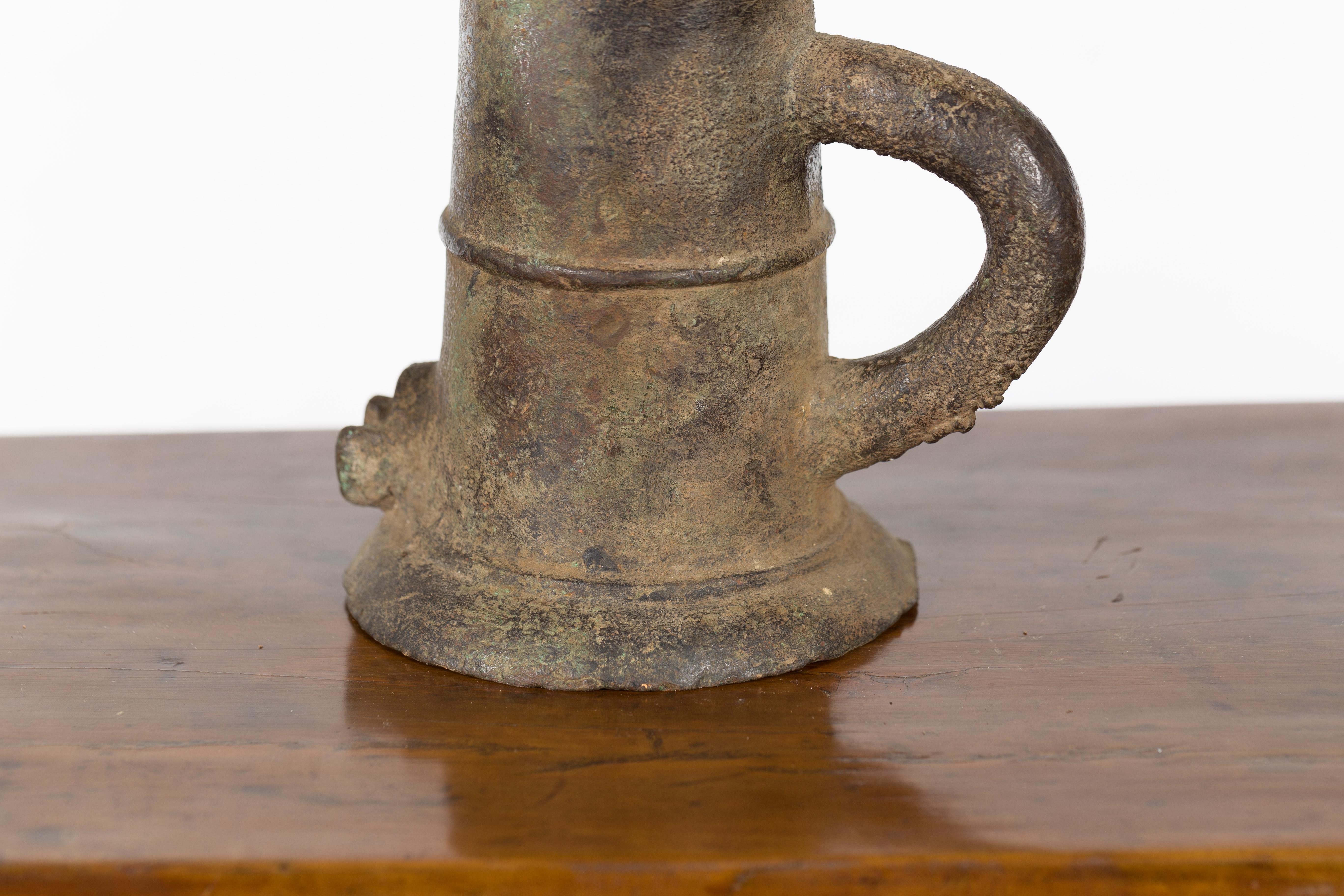 Iron Indian Antique Smelting Pot with Back Handle, Front Spout and Weathered Patina For Sale