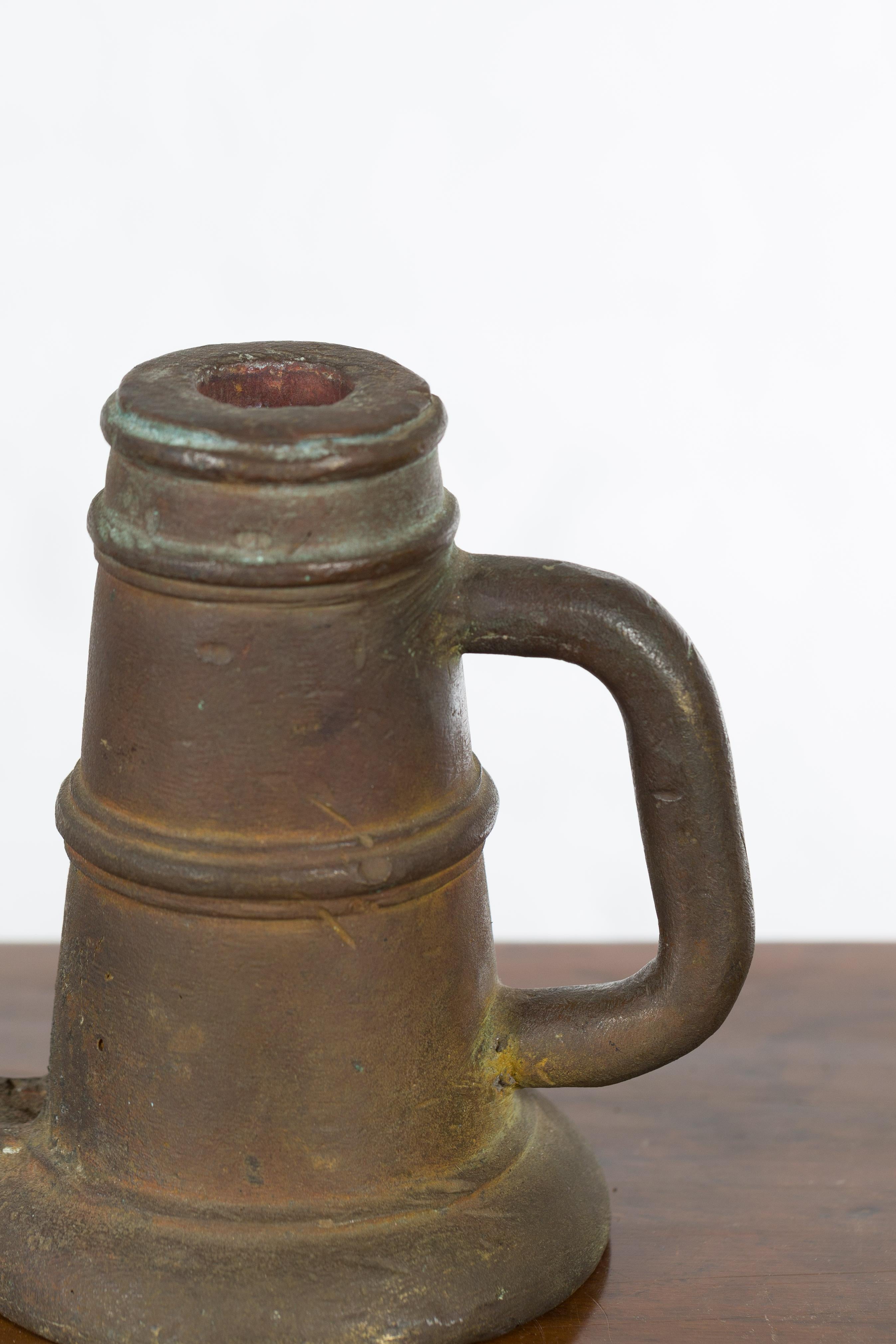 19th Century Indian Antique Smelting Pot with Back Handle, Front Spout and Weathered Patina For Sale