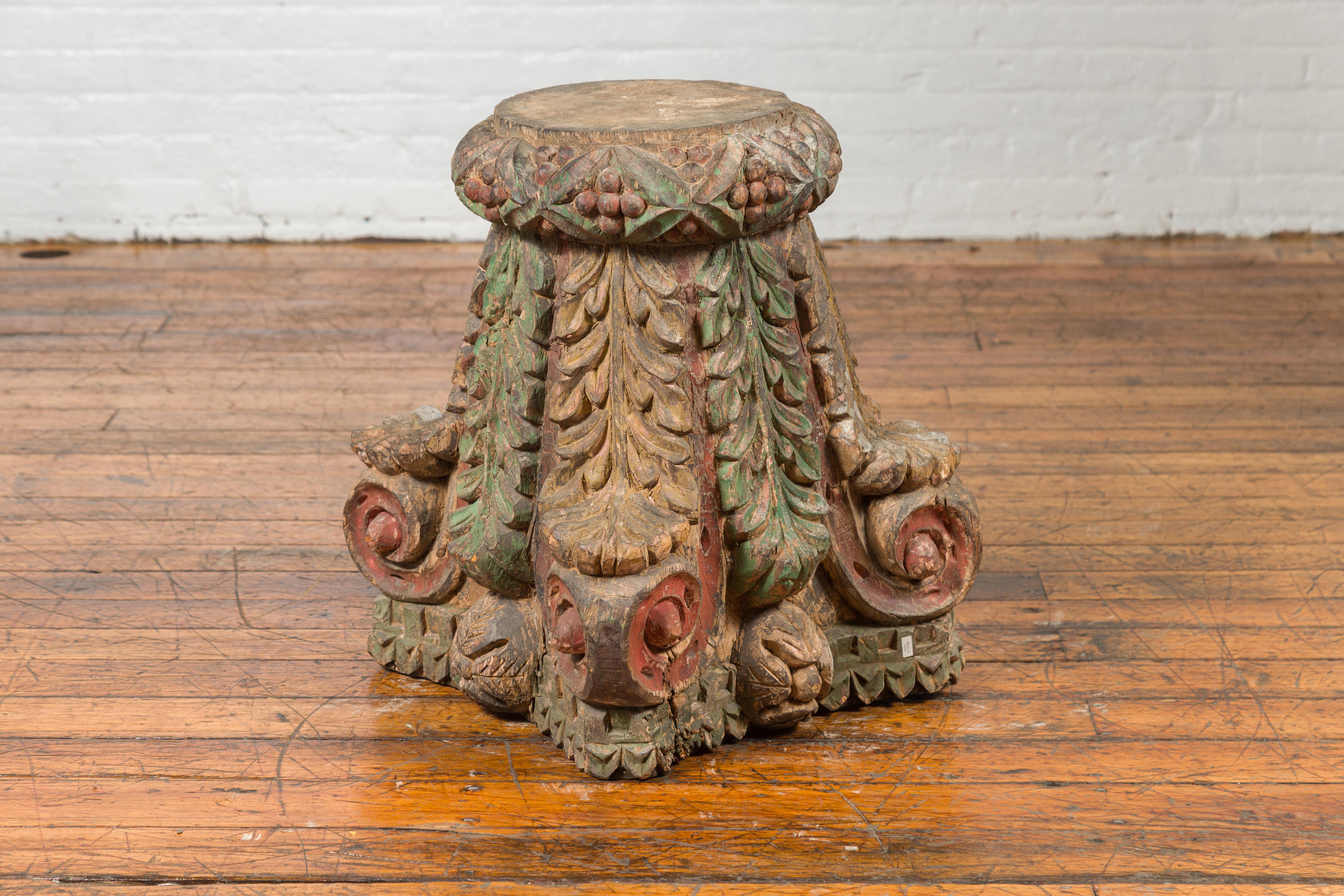 Indian Antique Temple Foliage Carved Capital with Original Green and Red Paint For Sale 5