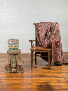 Indian Antique Temple Foliage Carved Capital with Original Green and Red Paint