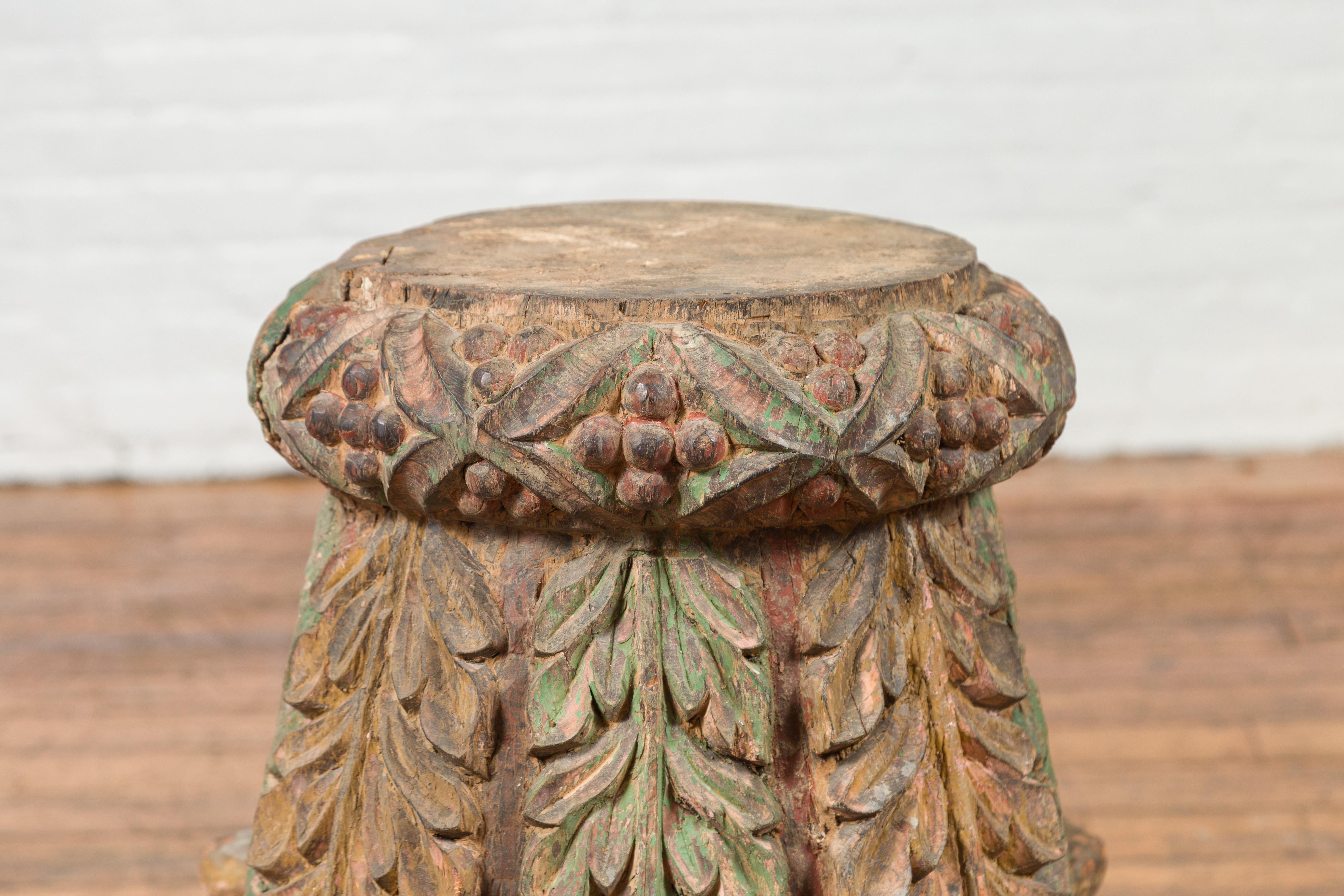 19th Century Indian Antique Temple Foliage Carved Capital with Original Green and Red Paint For Sale