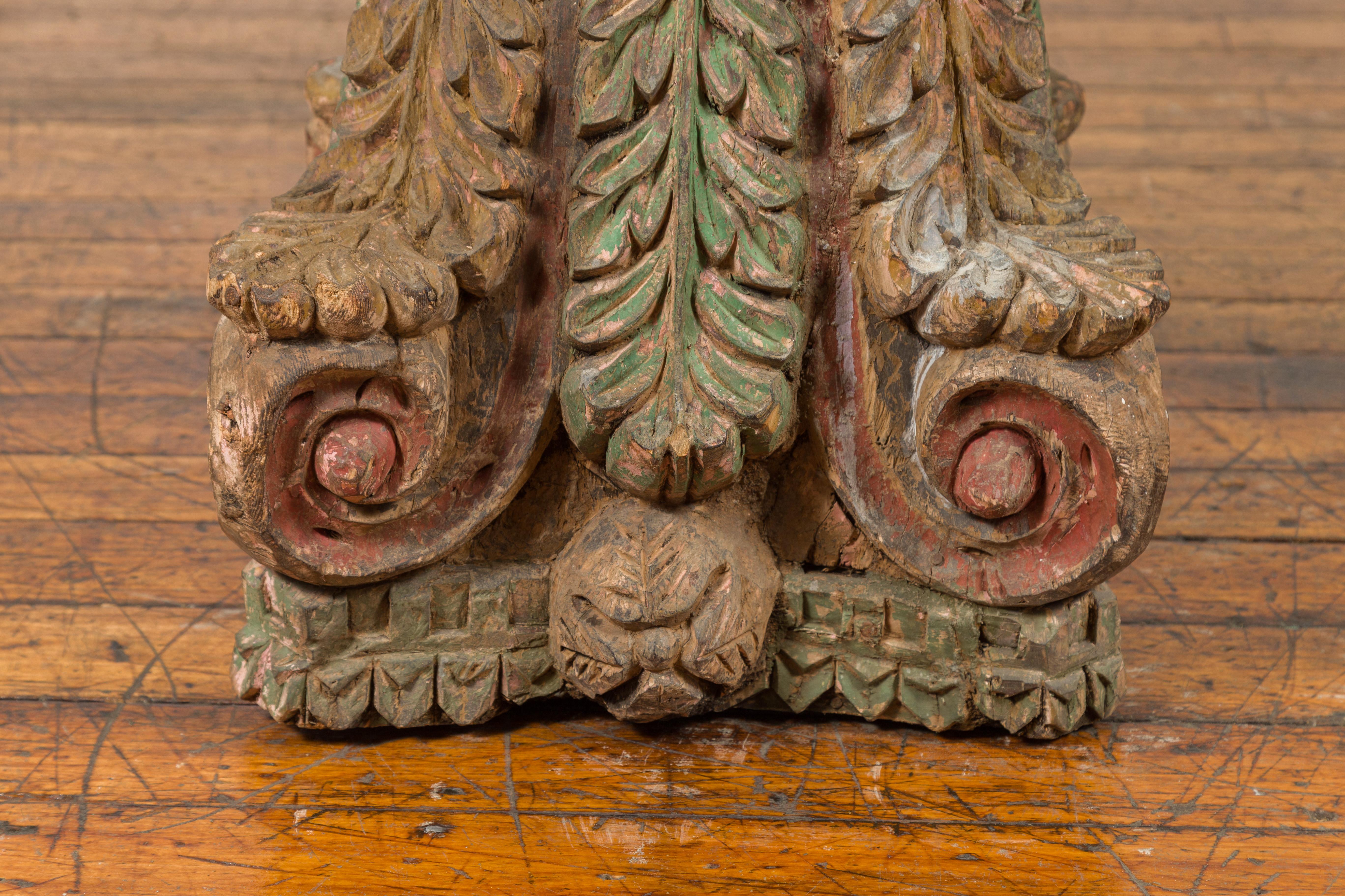 Wood Indian Antique Temple Foliage Carved Capital with Original Green and Red Paint For Sale