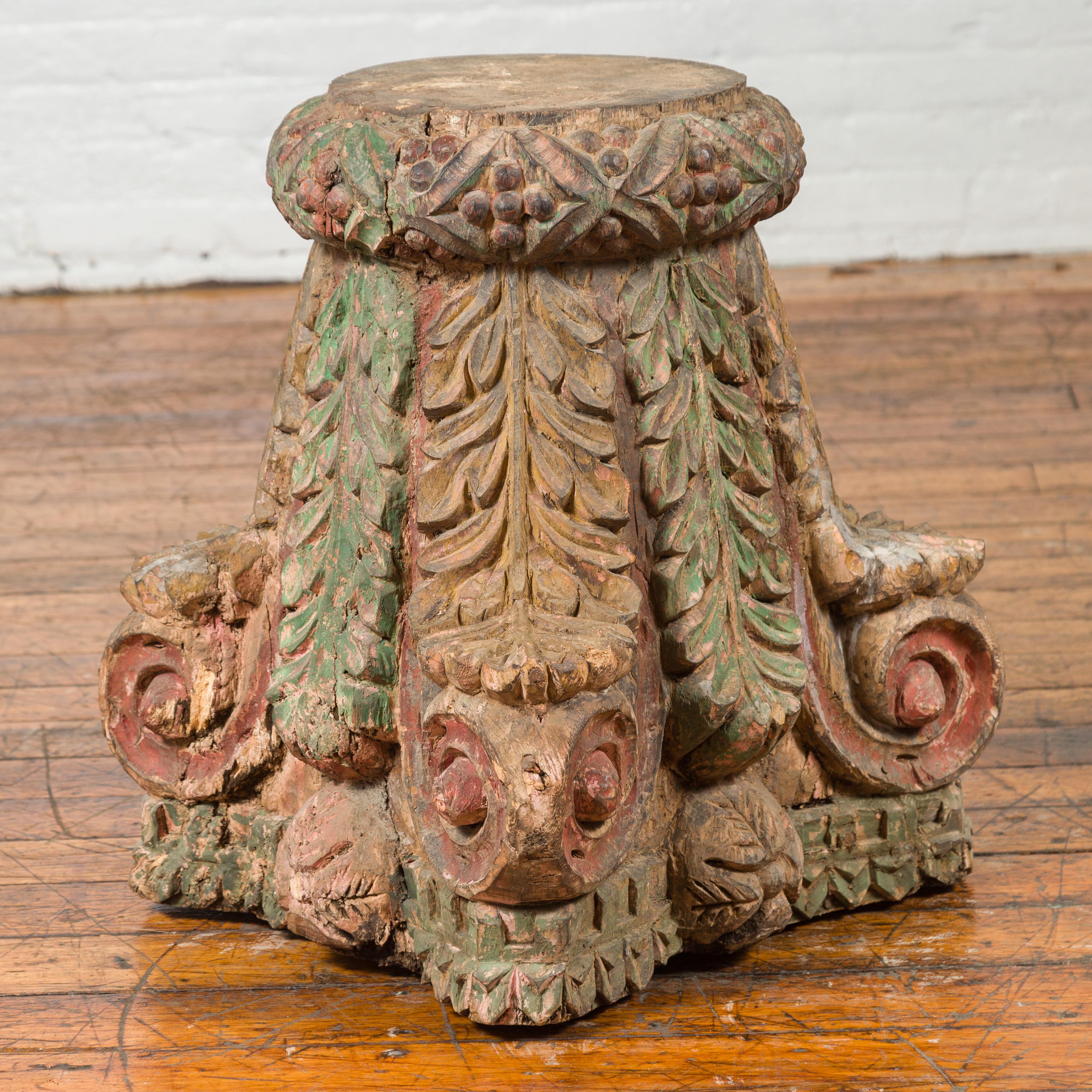 Indian Antique Temple Foliage Carved Capital with Original Green and Red Paint For Sale 3