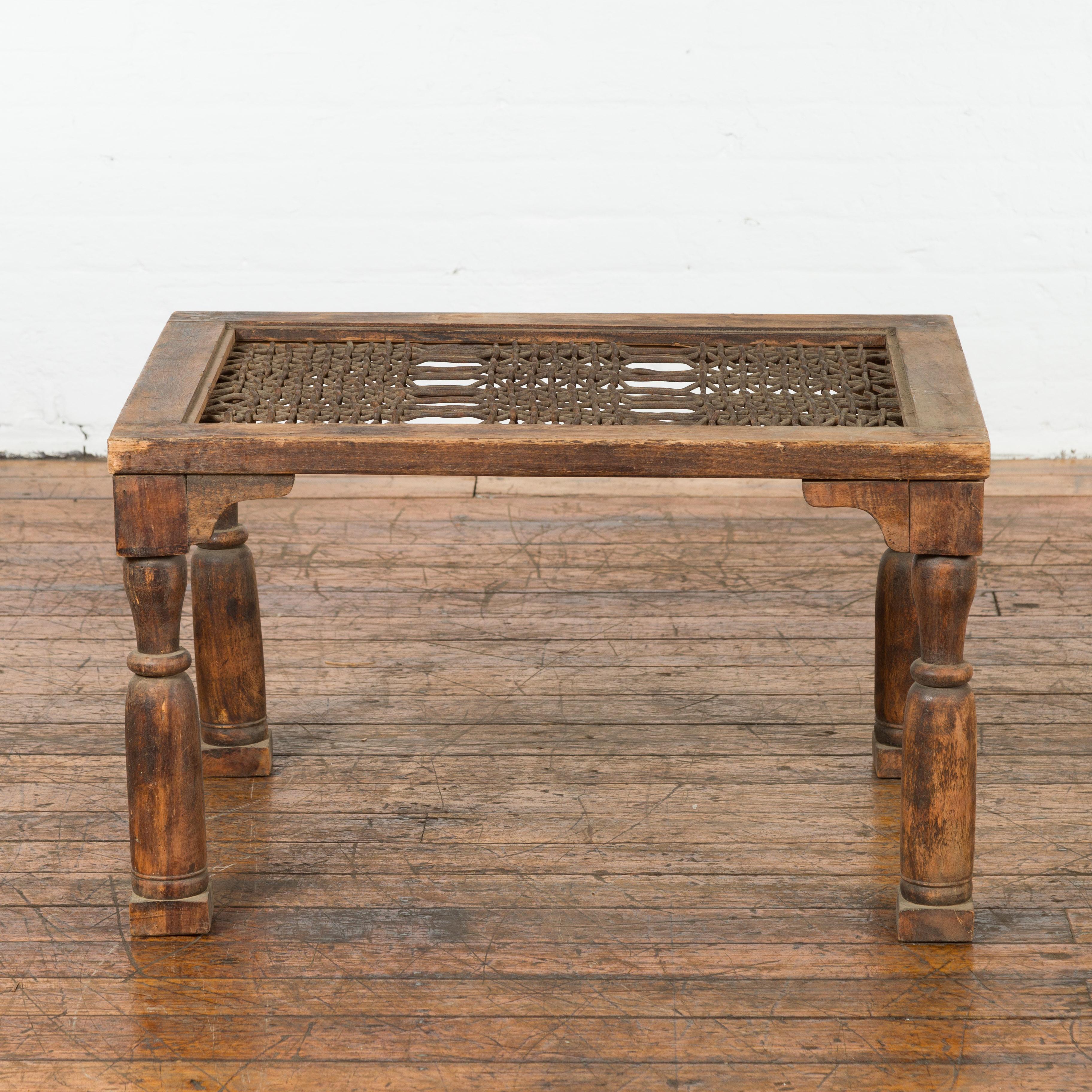 Indian Antique Window Grate Made into a Coffee Table with Turned Baluster Legs For Sale 6