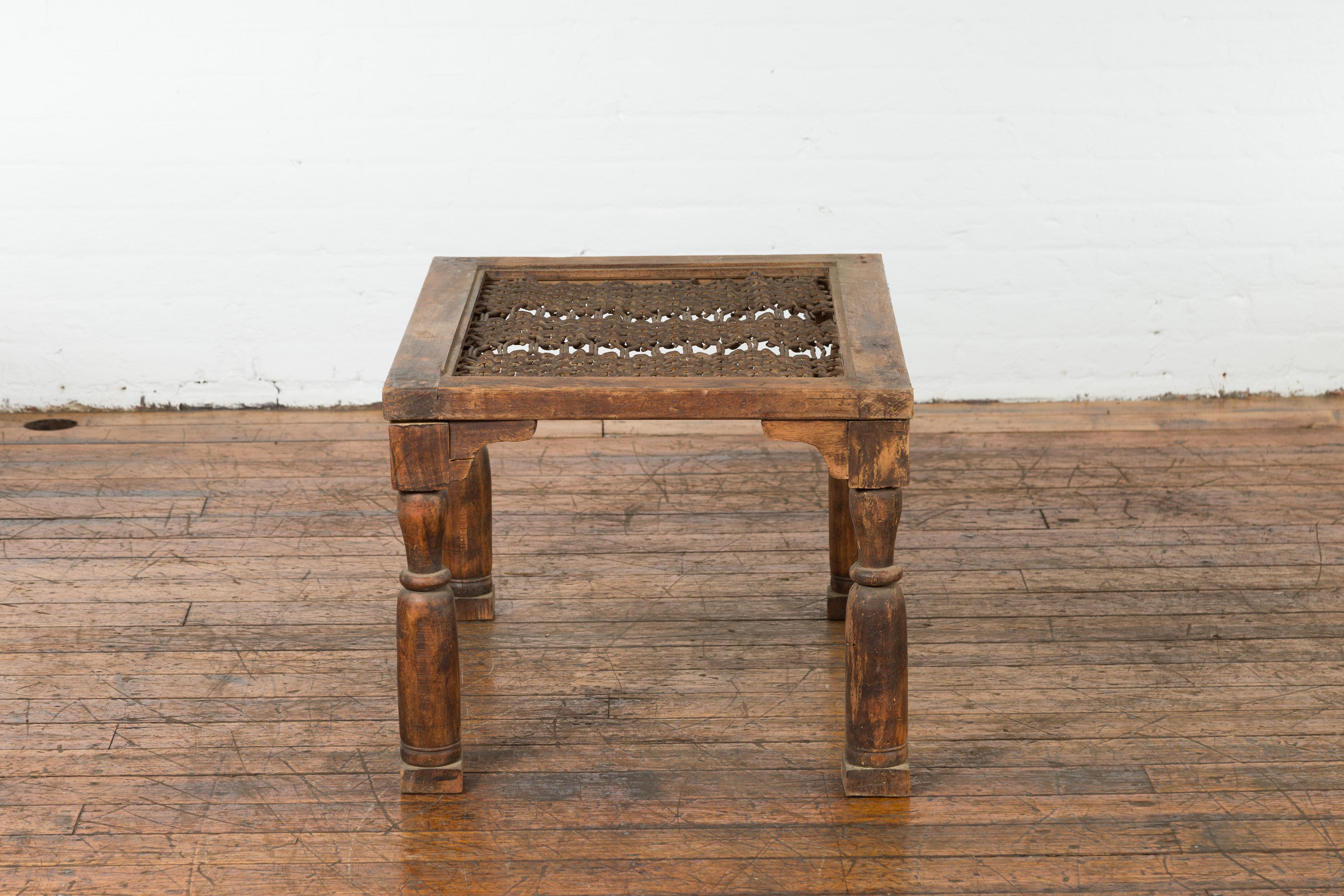 Indian Antique Window Grate Made into a Coffee Table with Turned Baluster Legs For Sale 7