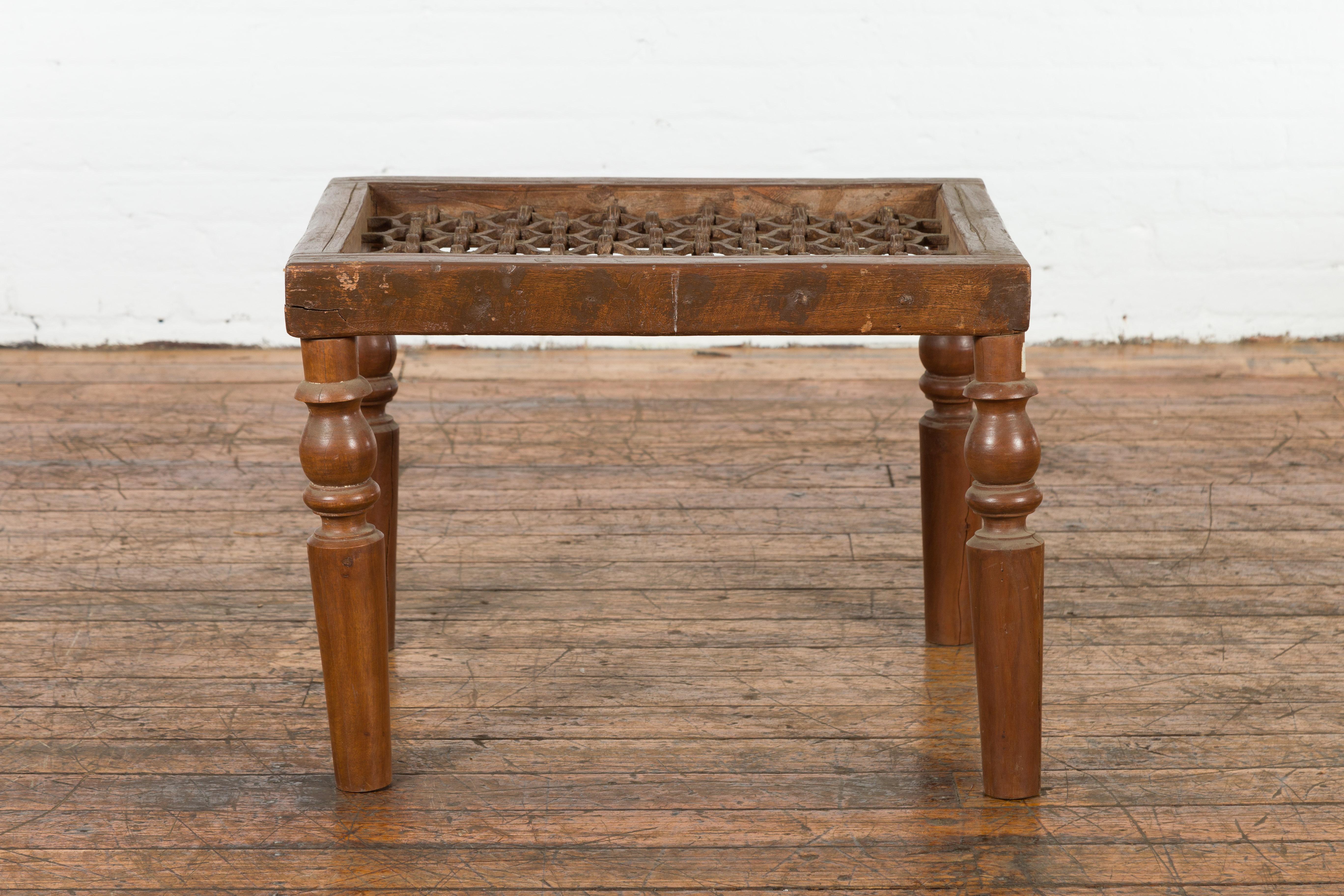 Indian Antique Window Grate Made into a Coffee Table with Turned Baluster Legs In Good Condition For Sale In Yonkers, NY