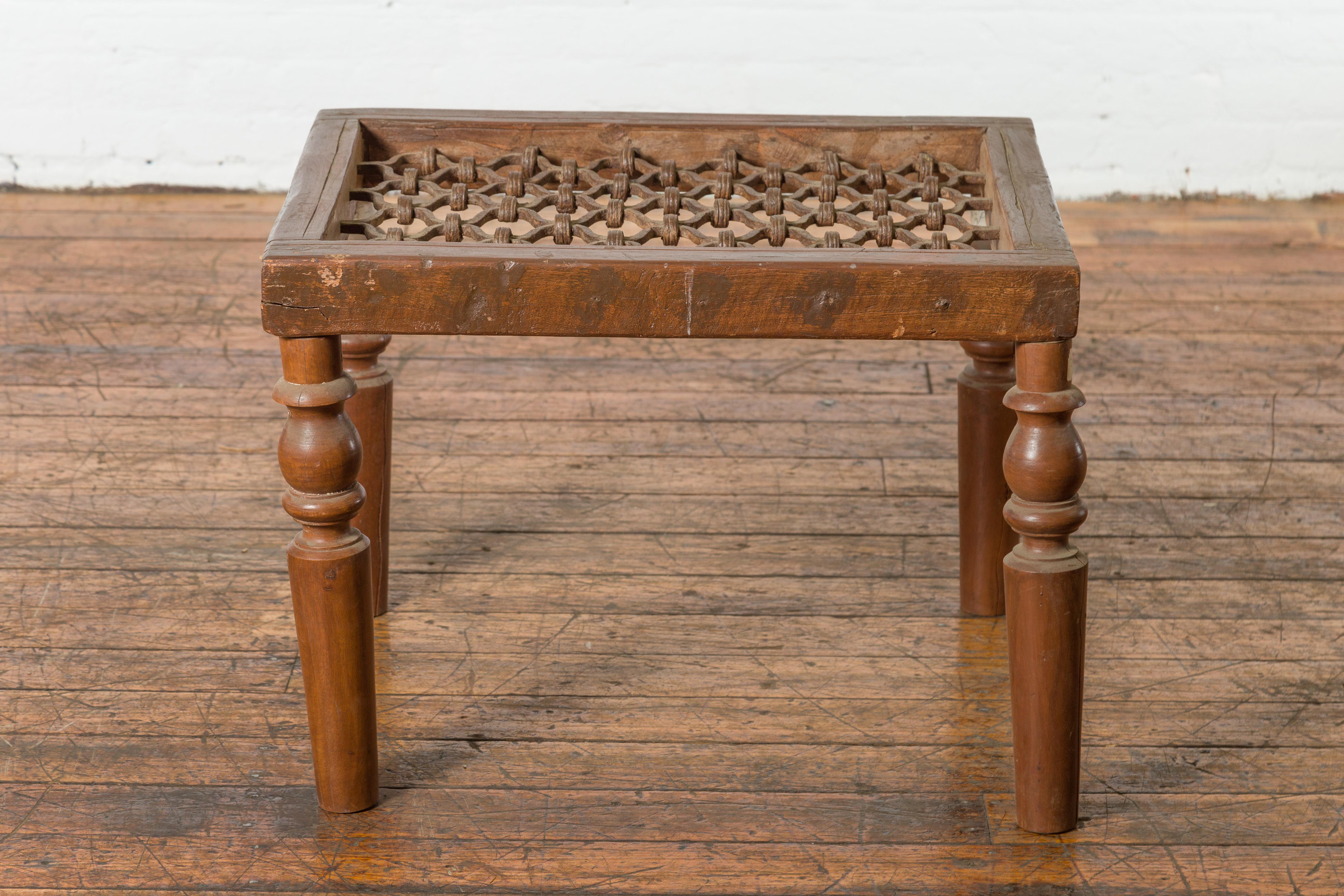 Indian Antique Window Grate Made into a Coffee Table with Turned Baluster Legs In Good Condition For Sale In Yonkers, NY