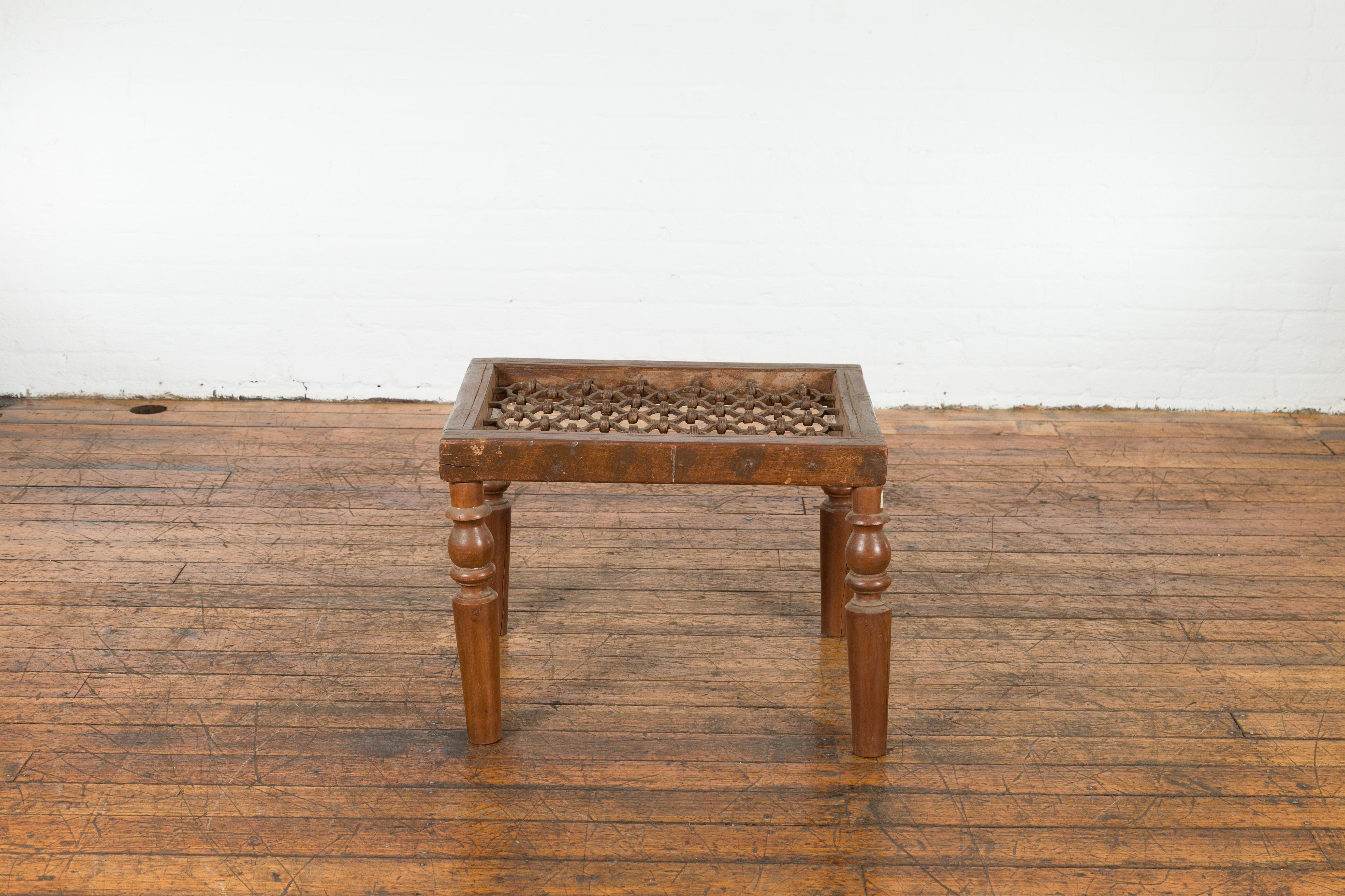 19th Century Indian Antique Window Grate Made into a Coffee Table with Turned Baluster Legs For Sale