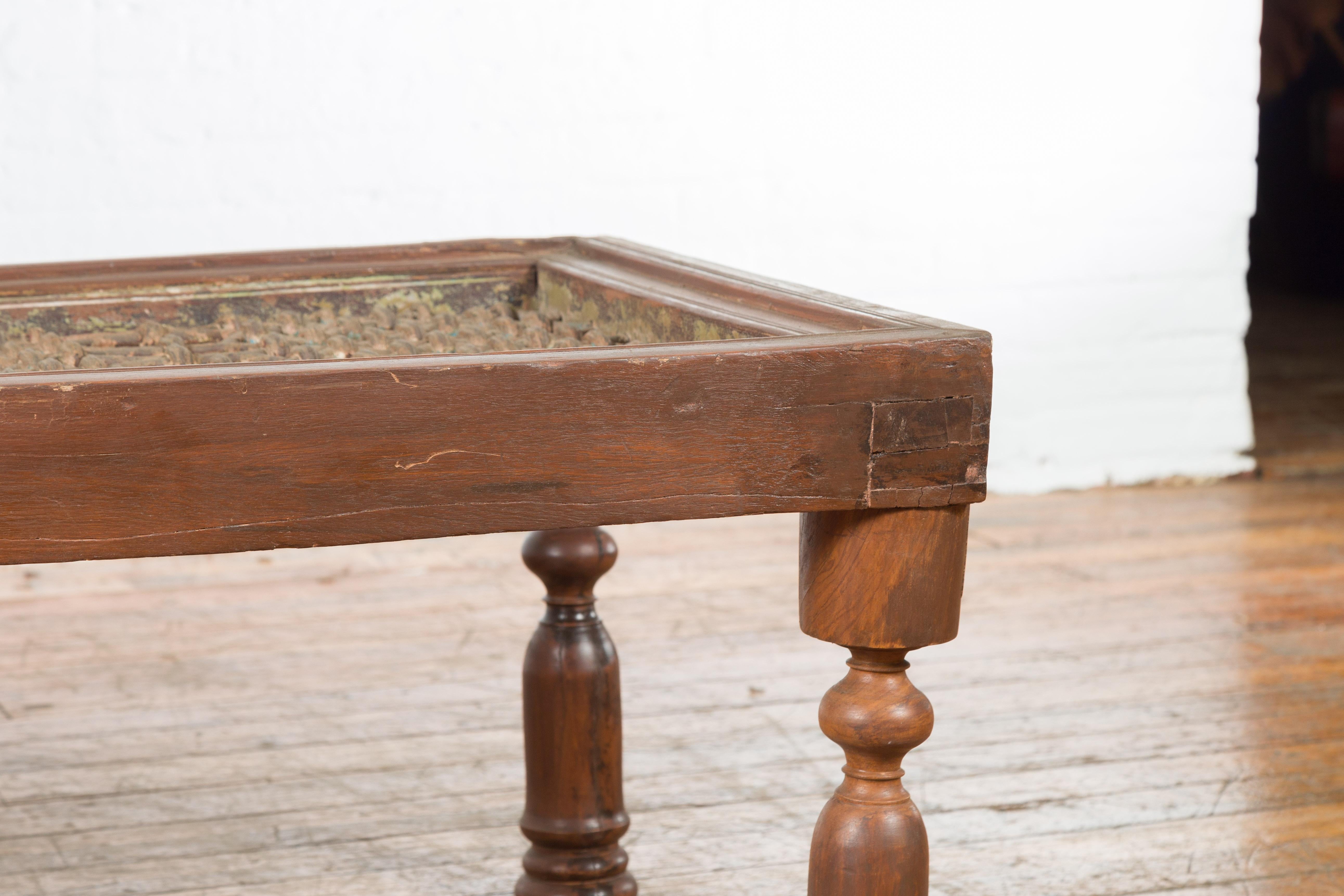 Indian Antique Window Grate Made into a Coffee Table with Turned Baluster Legs For Sale 2