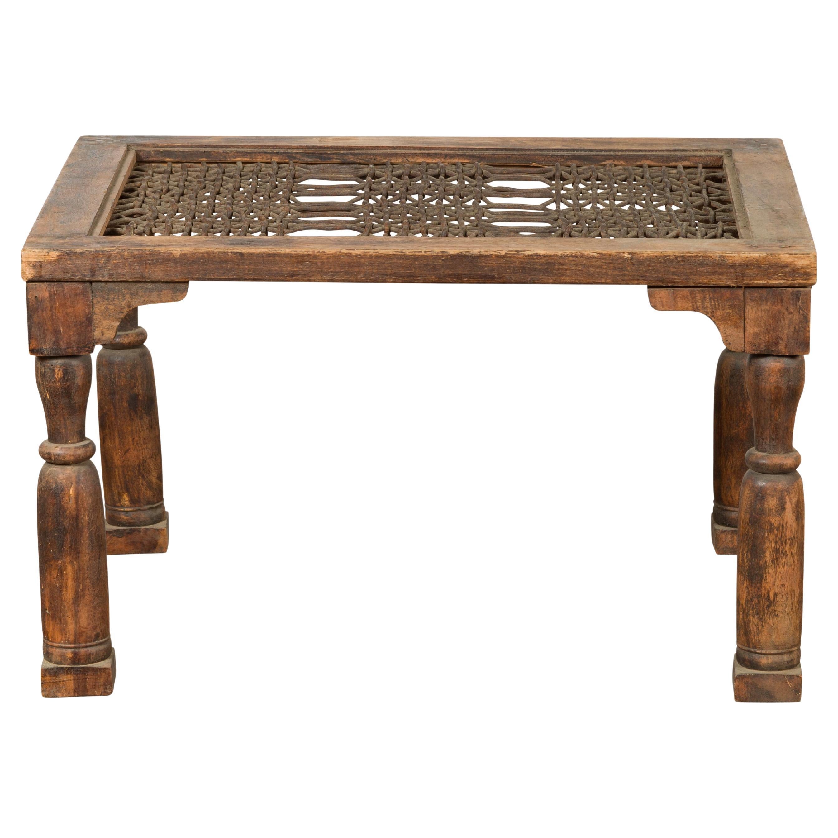 Indian Antique Window Grate Made into a Coffee Table with Turned Baluster Legs