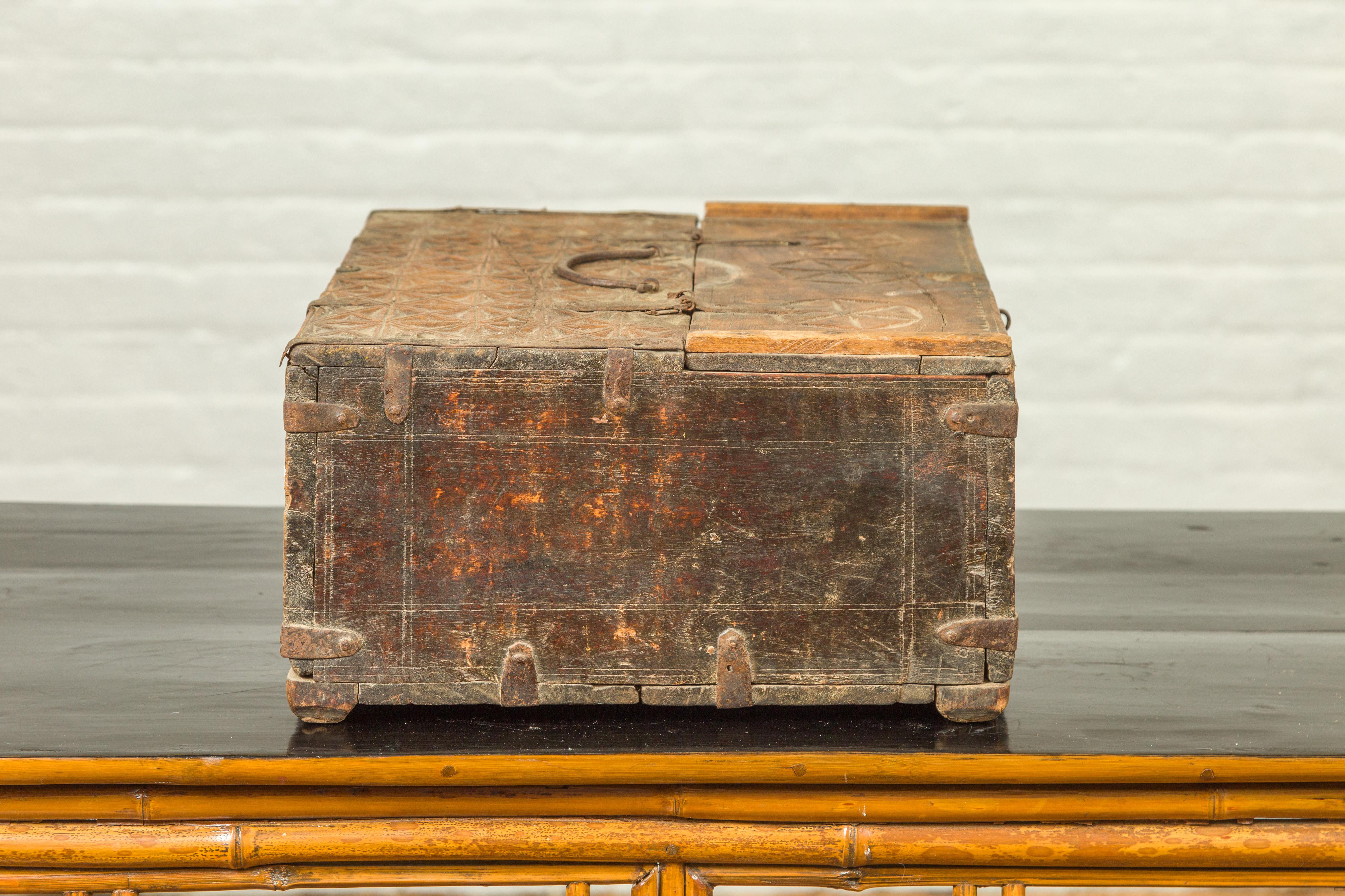Indian Antique Wooden Dowry Box with Geometric Motifs and Weathered Patina For Sale 3