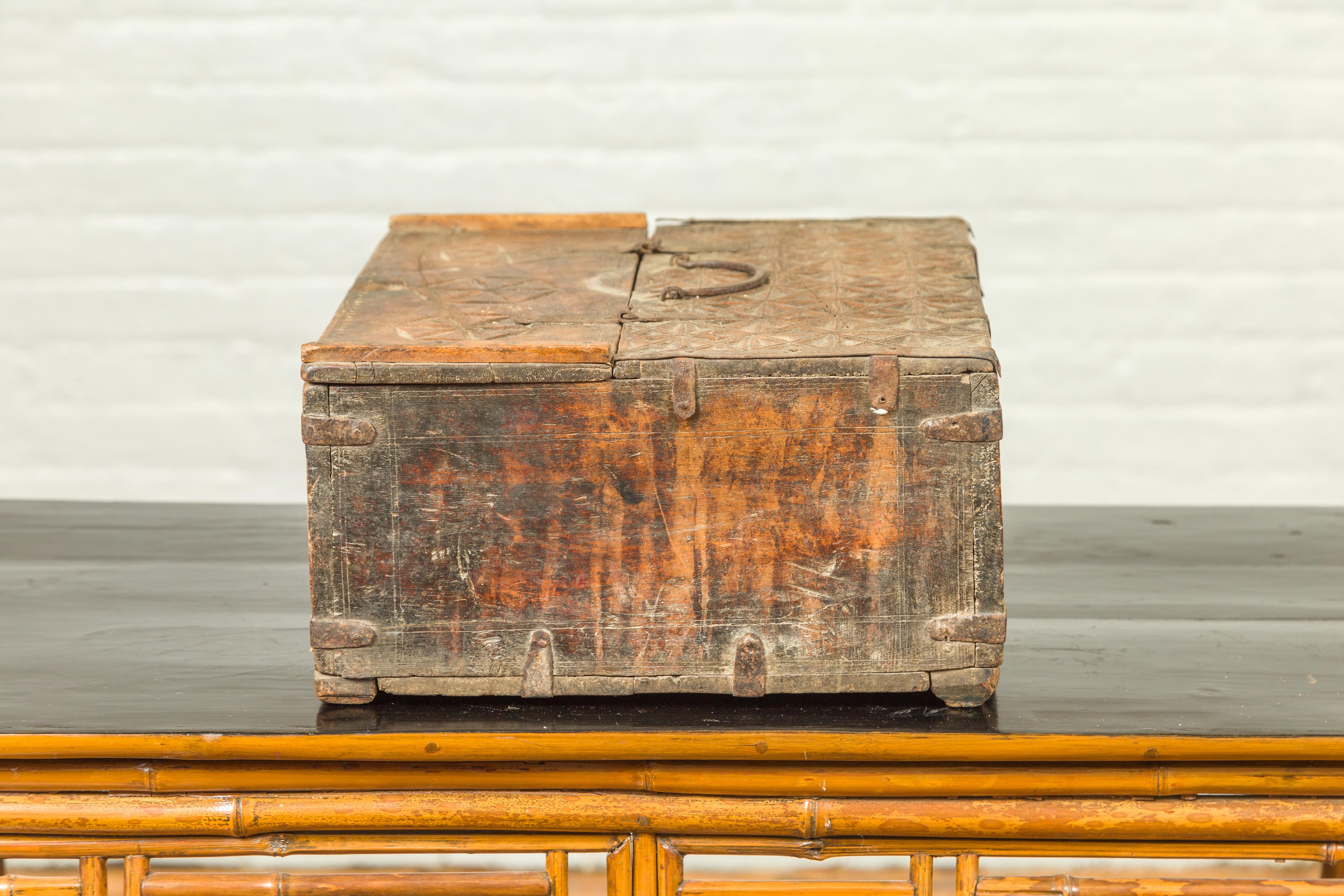 Indian Antique Wooden Dowry Box with Geometric Motifs and Weathered Patina For Sale 5