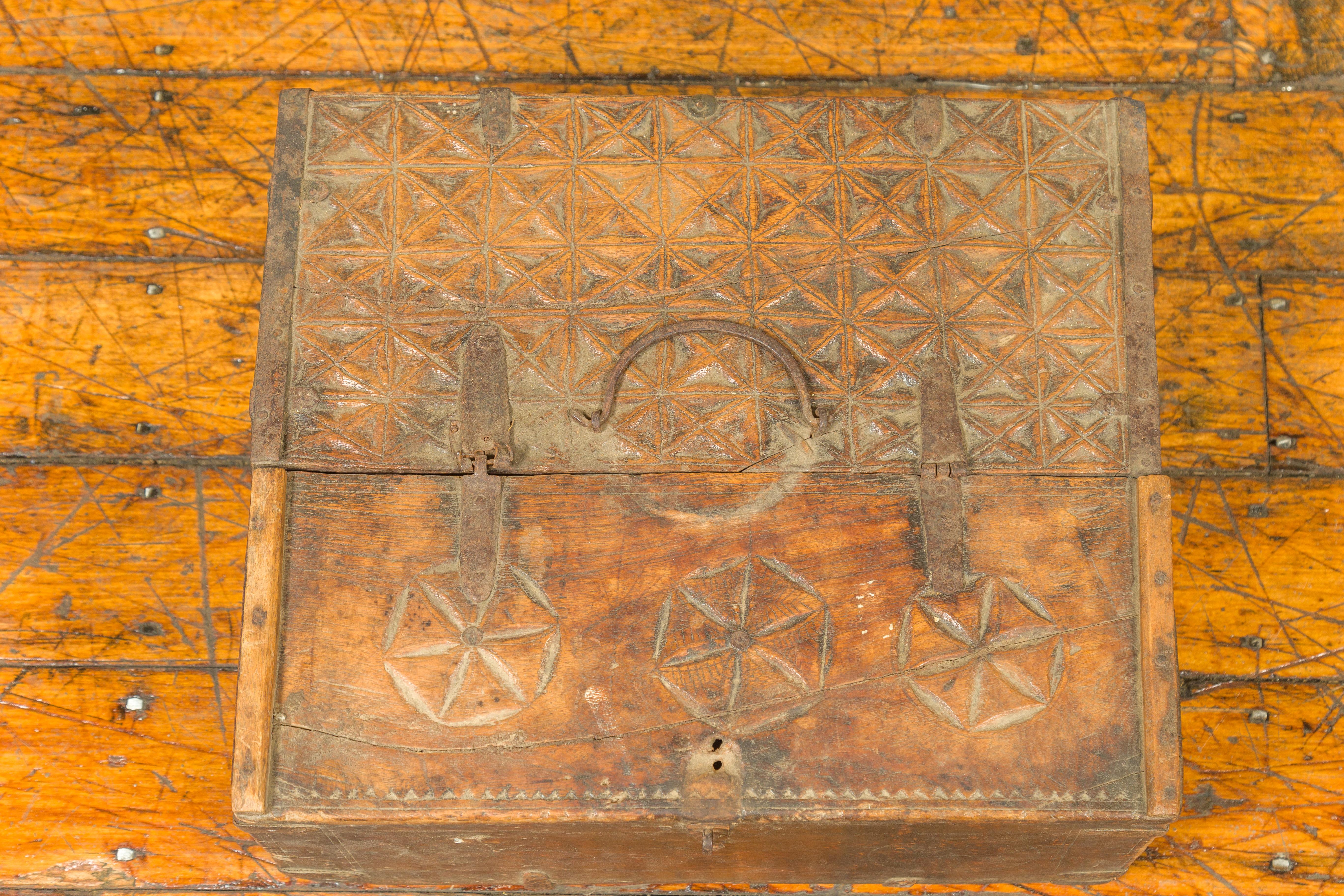 Indian Antique Wooden Dowry Box with Geometric Motifs and Weathered Patina For Sale 6