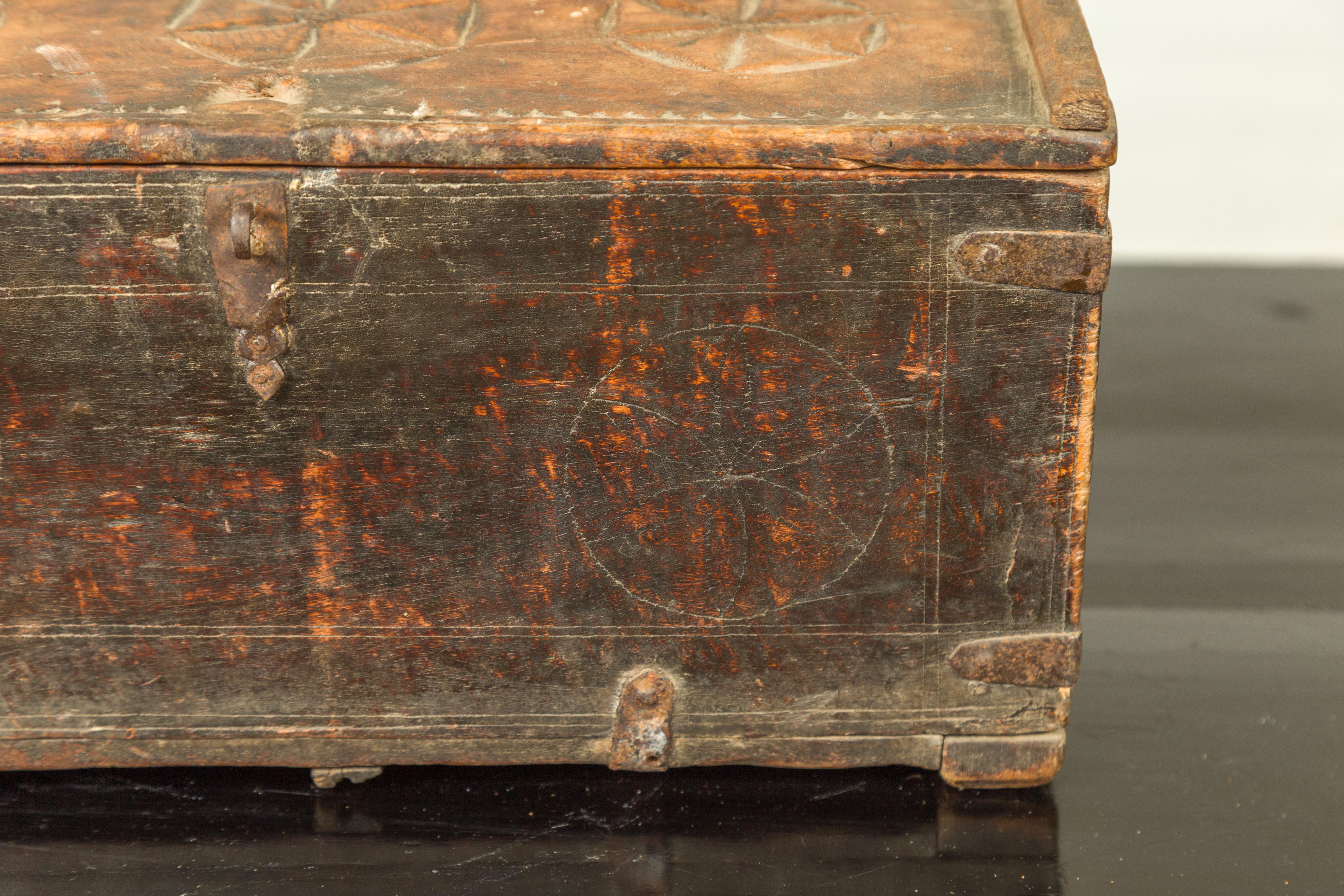 19th Century Indian Antique Wooden Dowry Box with Geometric Motifs and Weathered Patina For Sale