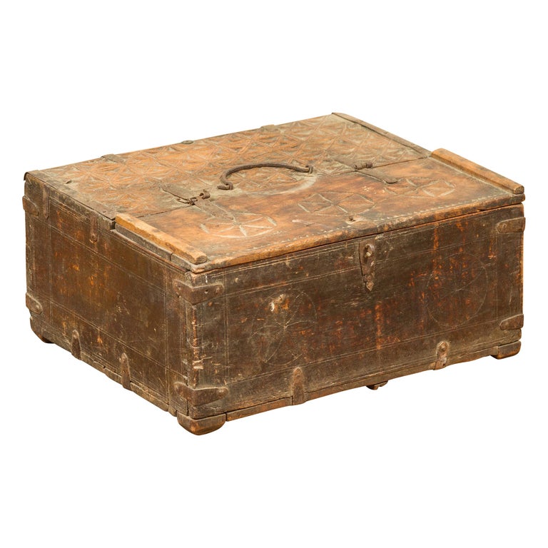 Indian Antique Wooden Dowry Box with Geometric Motifs and Weathered