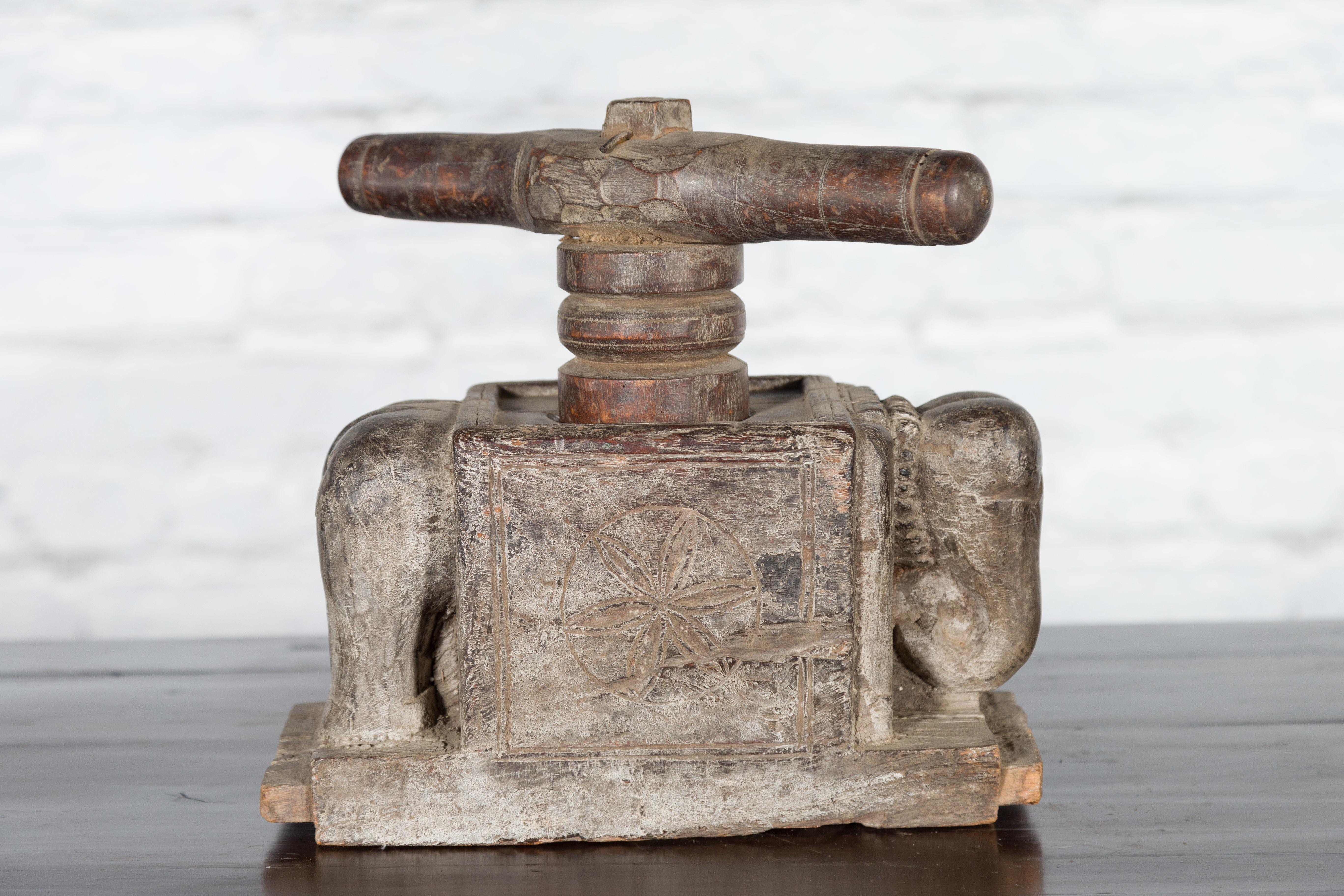 Indian Antique Wooden Hand Noodle Maker with Carved Elephant and Vice Press For Sale 5