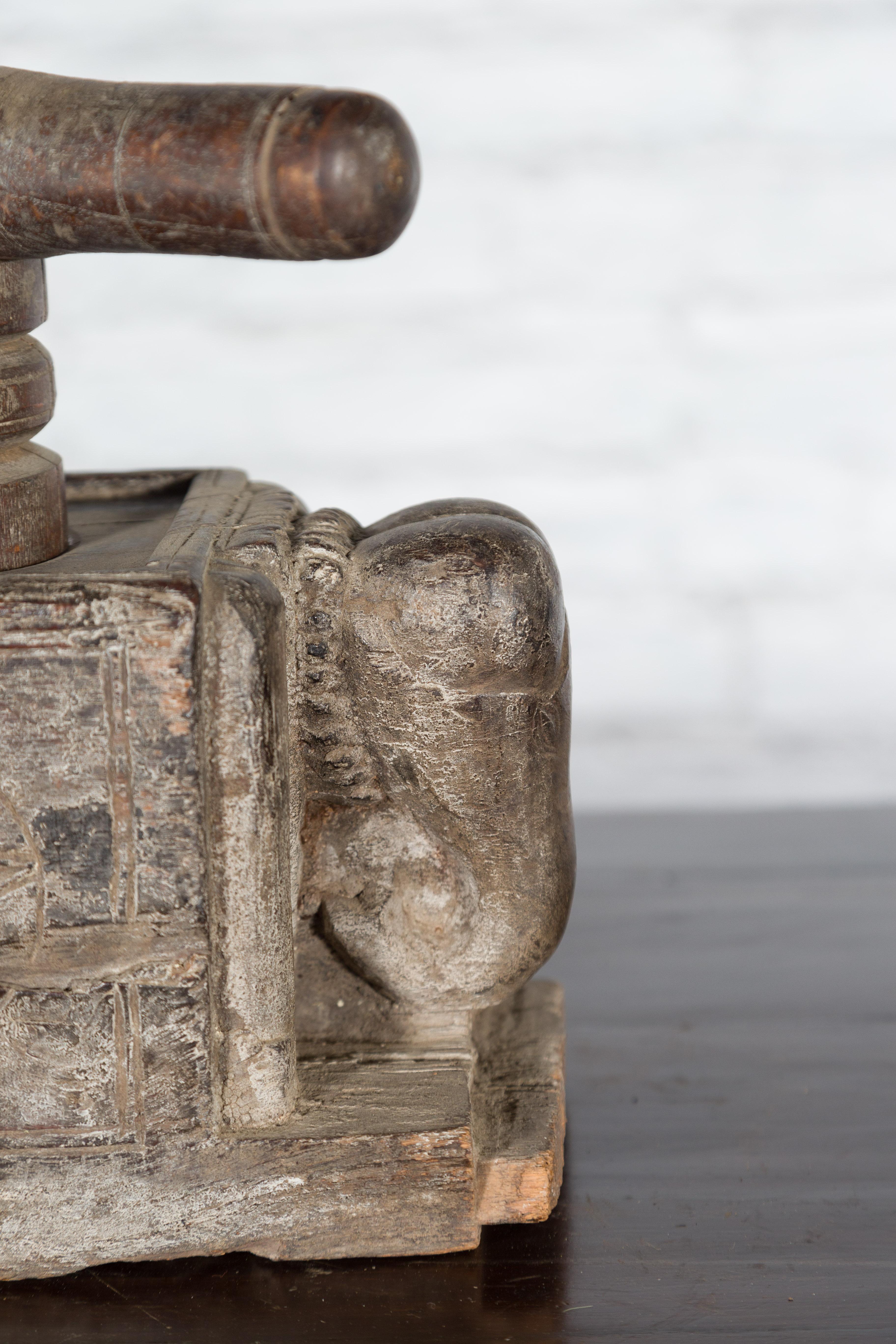 Indian Antique Wooden Hand Noodle Maker with Carved Elephant and Vice Press For Sale 6