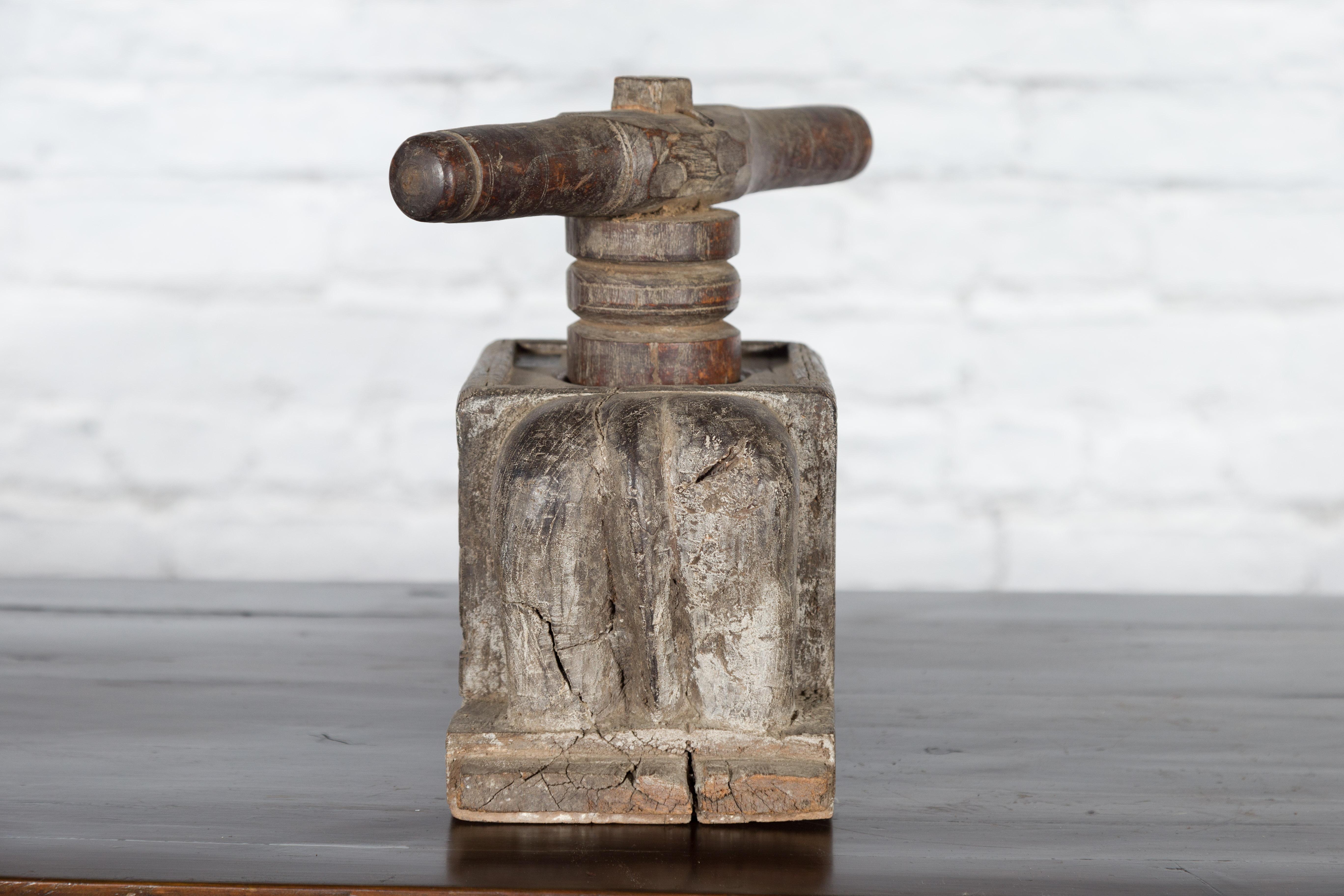 Indian Antique Wooden Hand Noodle Maker with Carved Elephant and Vice Press For Sale 8