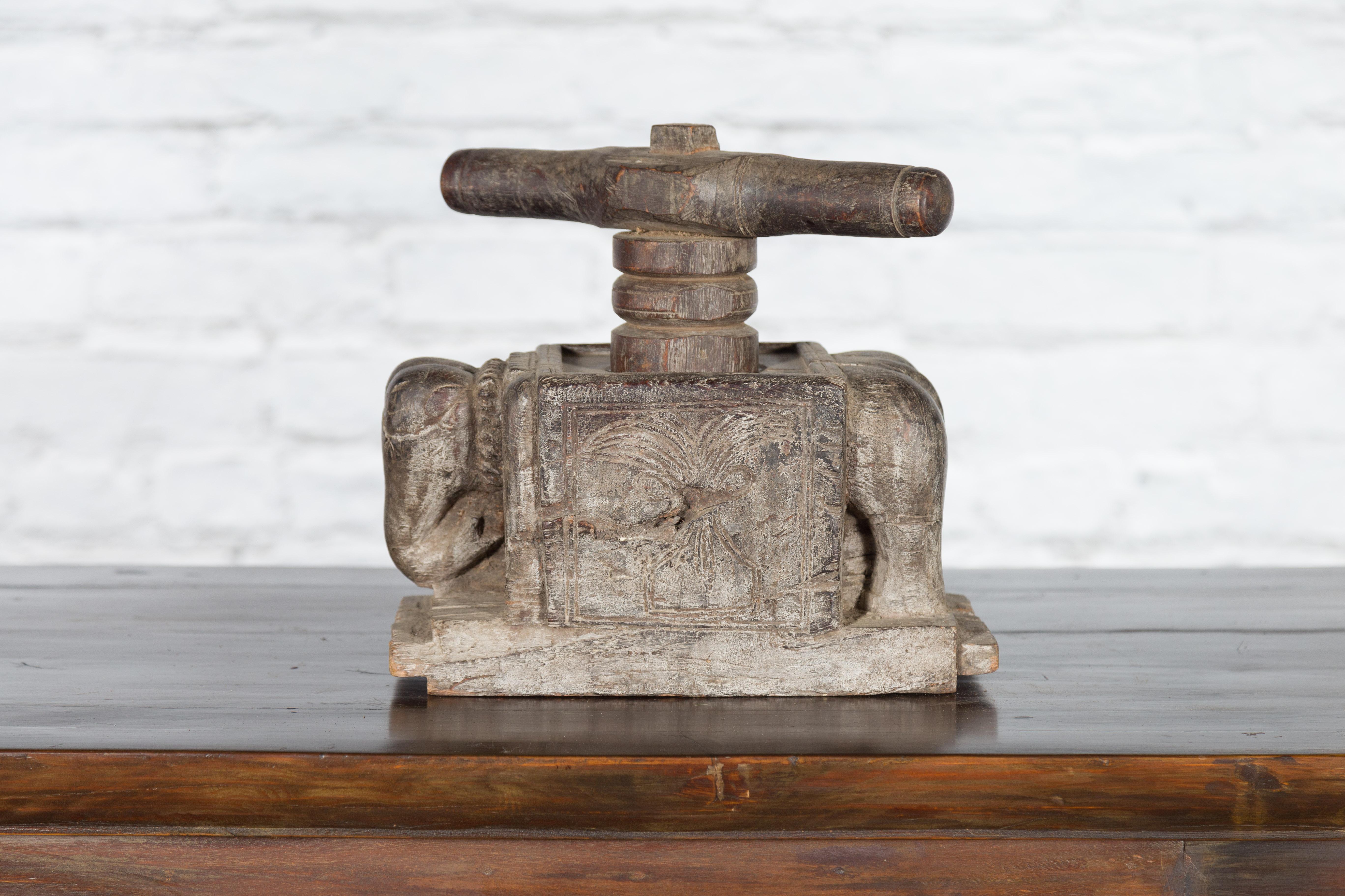 Indian Antique Wooden Hand Noodle Maker with Carved Elephant and Vice Press In Good Condition For Sale In Yonkers, NY