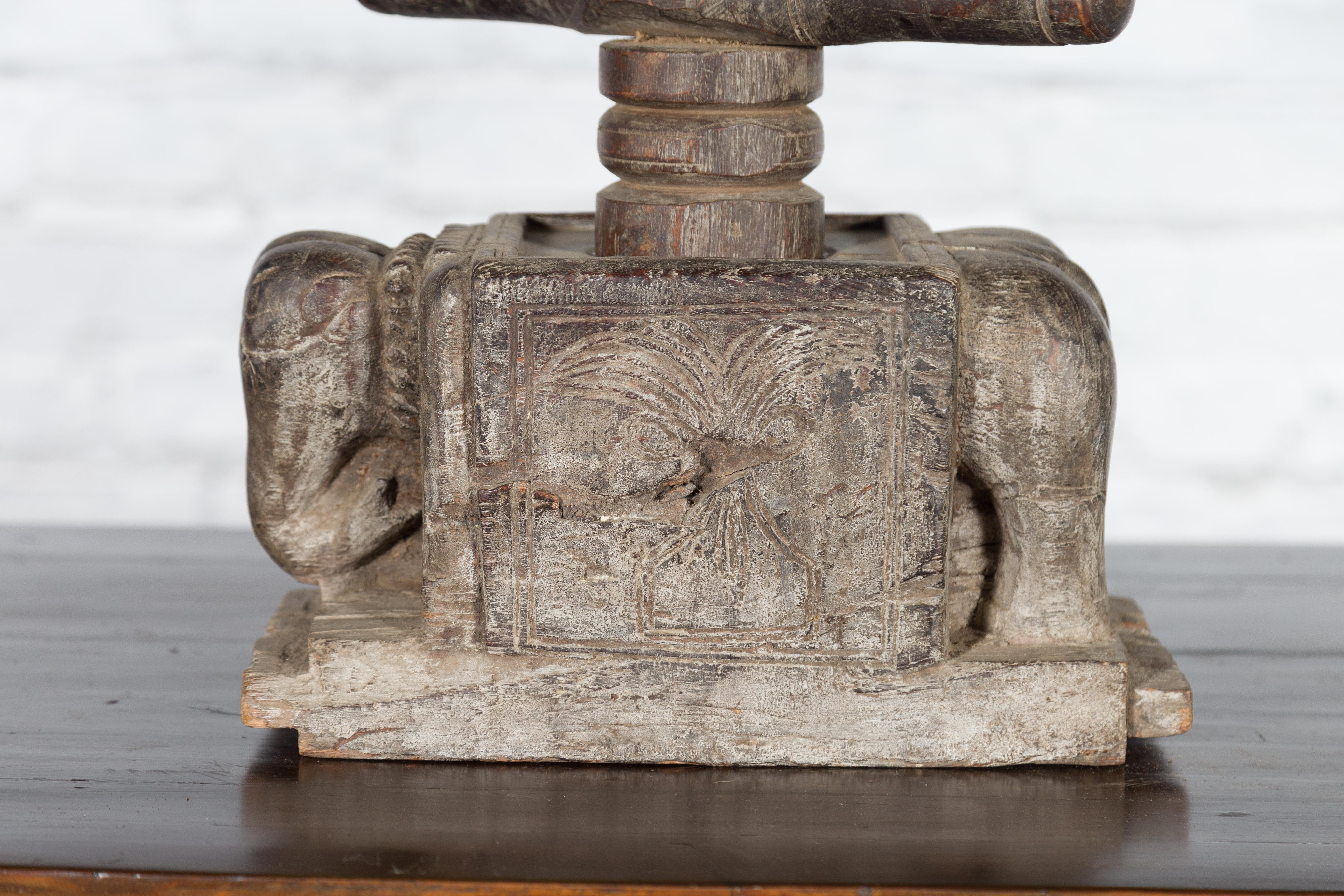 Indian Antique Wooden Hand Noodle Maker with Carved Elephant and Vice Press In Good Condition For Sale In Yonkers, NY