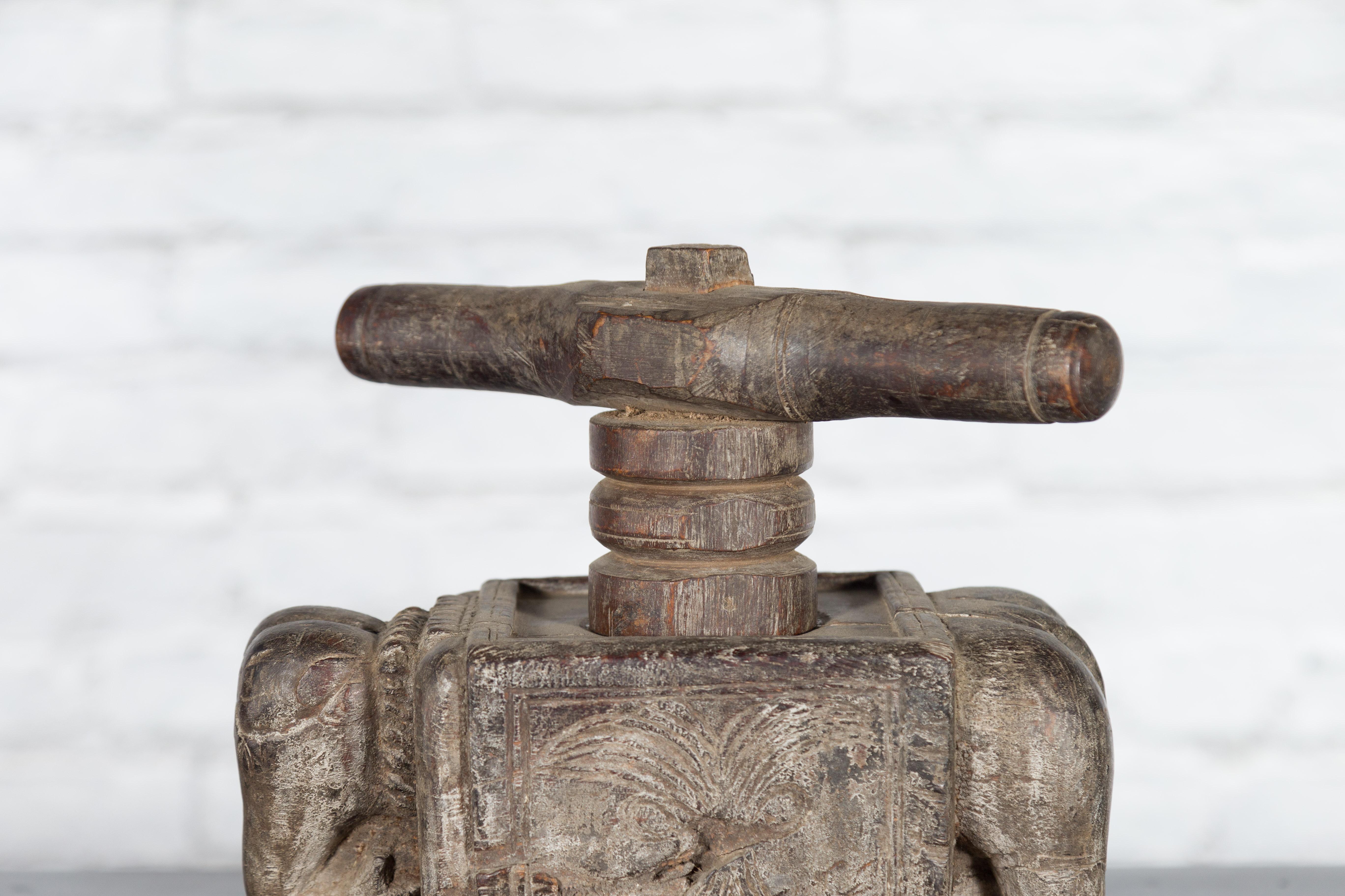 19th Century Indian Antique Wooden Hand Noodle Maker with Carved Elephant and Vice Press For Sale