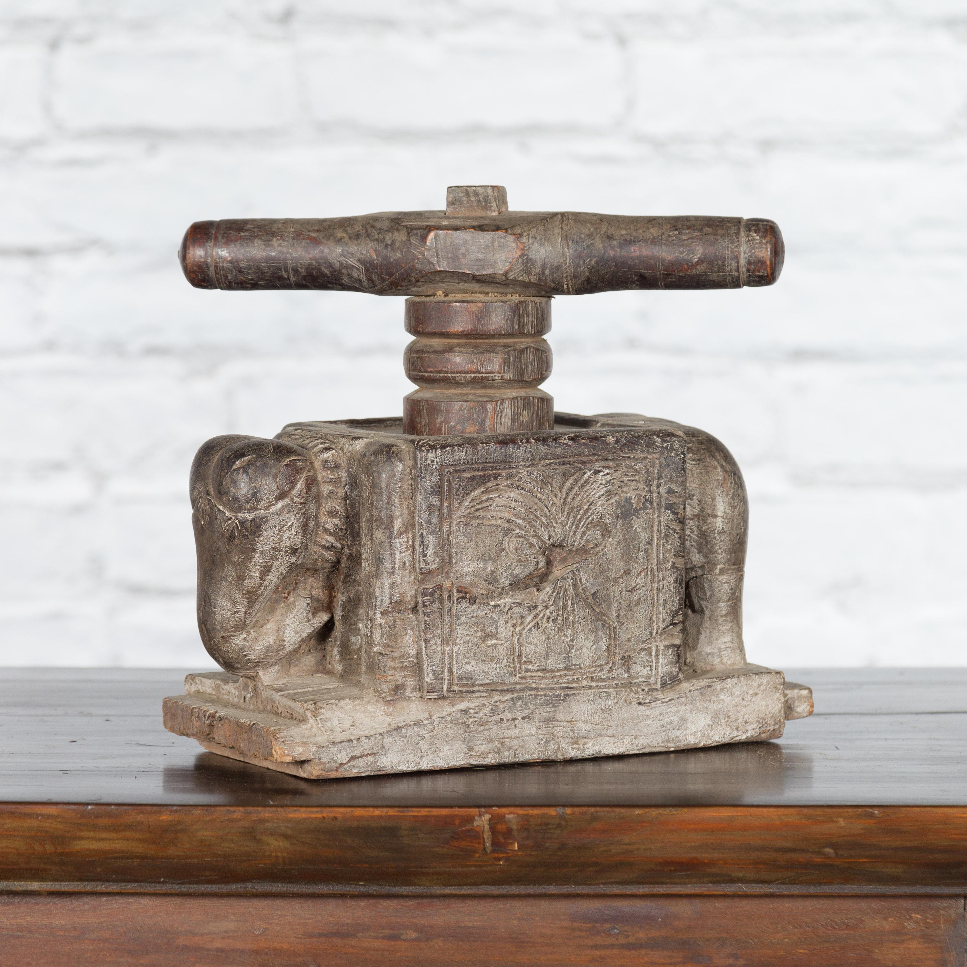 Indian Antique Wooden Hand Noodle Maker with Carved Elephant and Vice Press For Sale 2