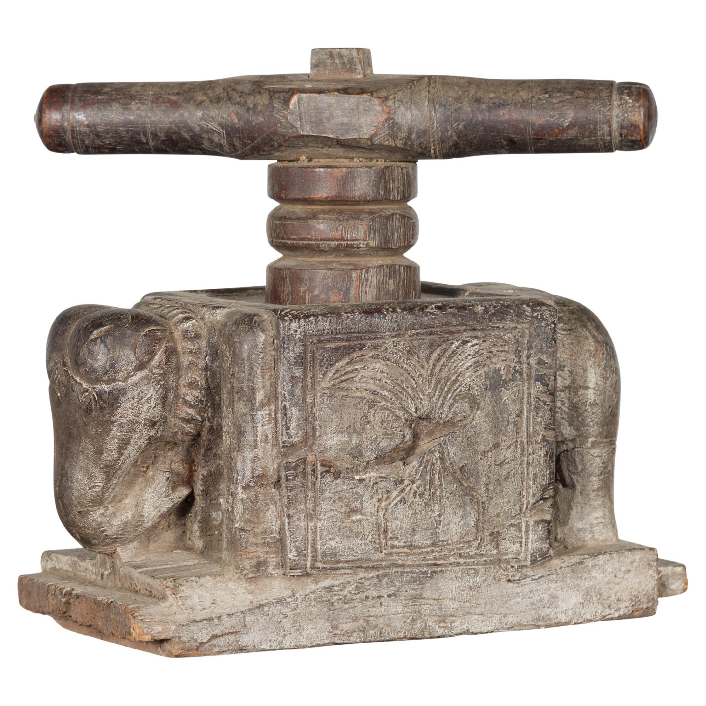 Indian Antique Wooden Hand Noodle Maker with Carved Elephant and Vice Press
