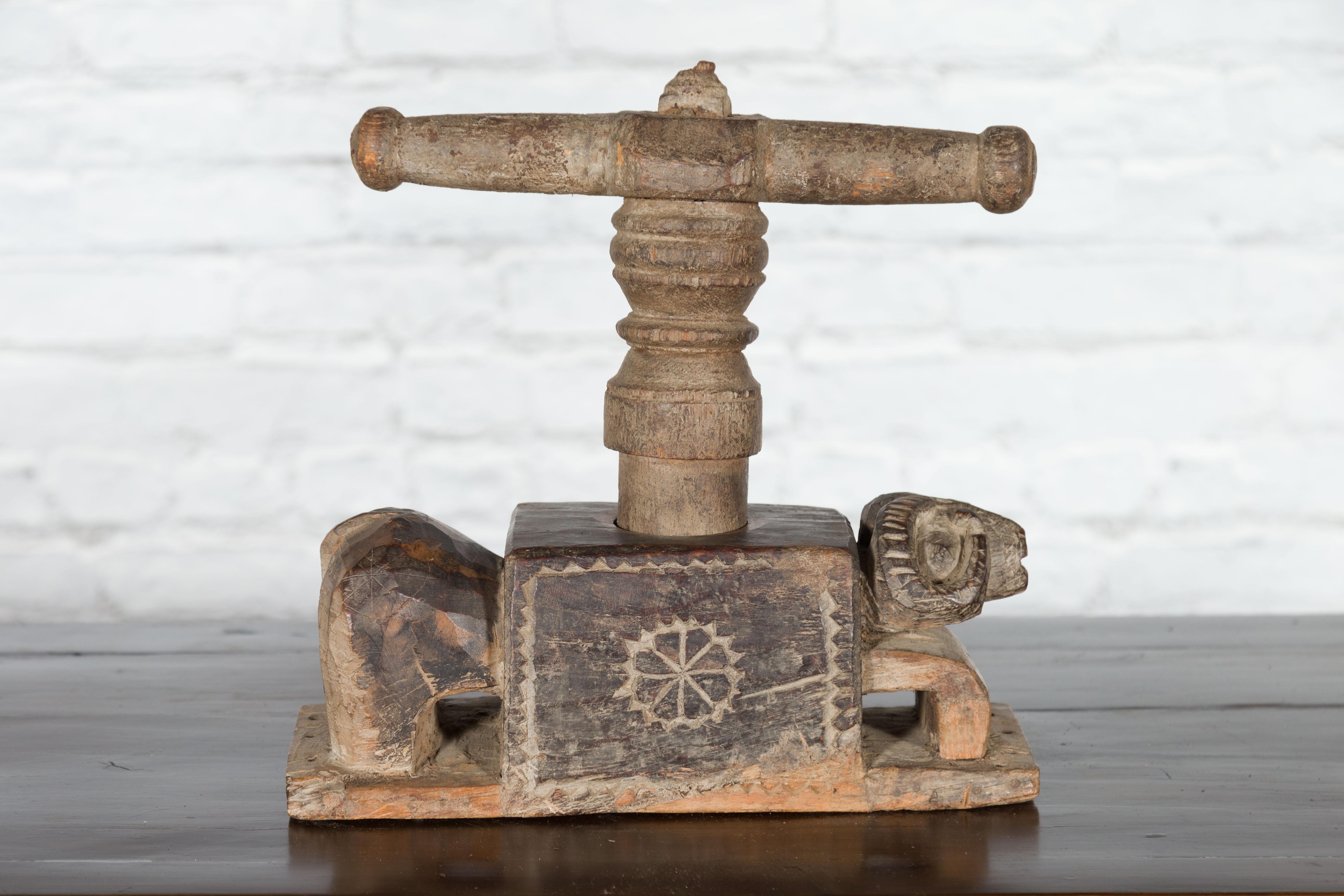 19th Century Indian Antique Wooden Hand Noodle Maker with Carved Ram and Vice Press For Sale