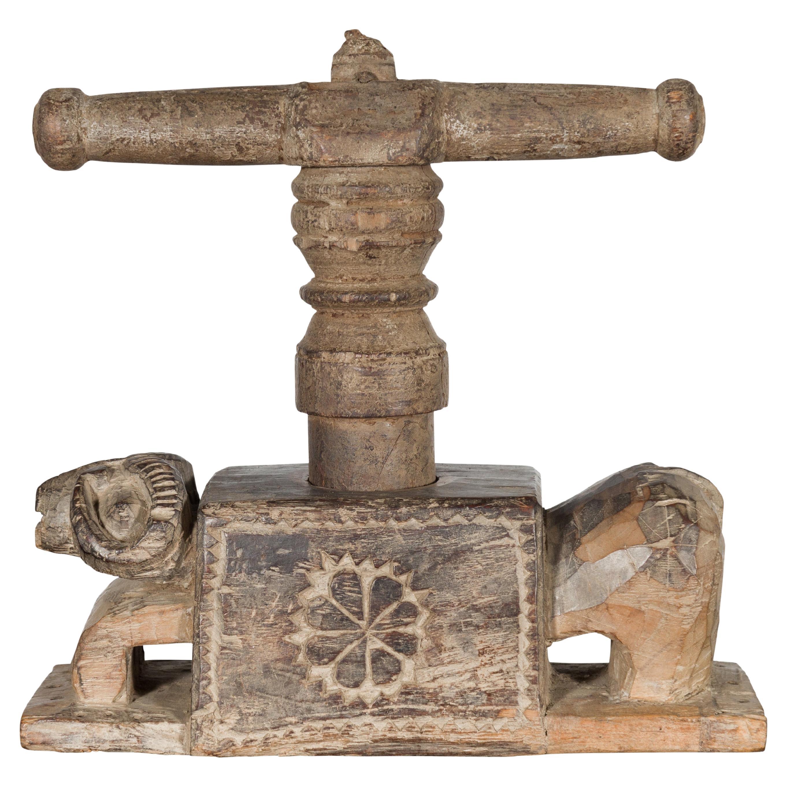Indian Antique Wooden Hand Noodle Maker with Carved Ram and Vice Press For Sale