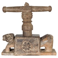 Indian Antique Wooden Hand Noodle Maker with Carved Ram and Vice Press