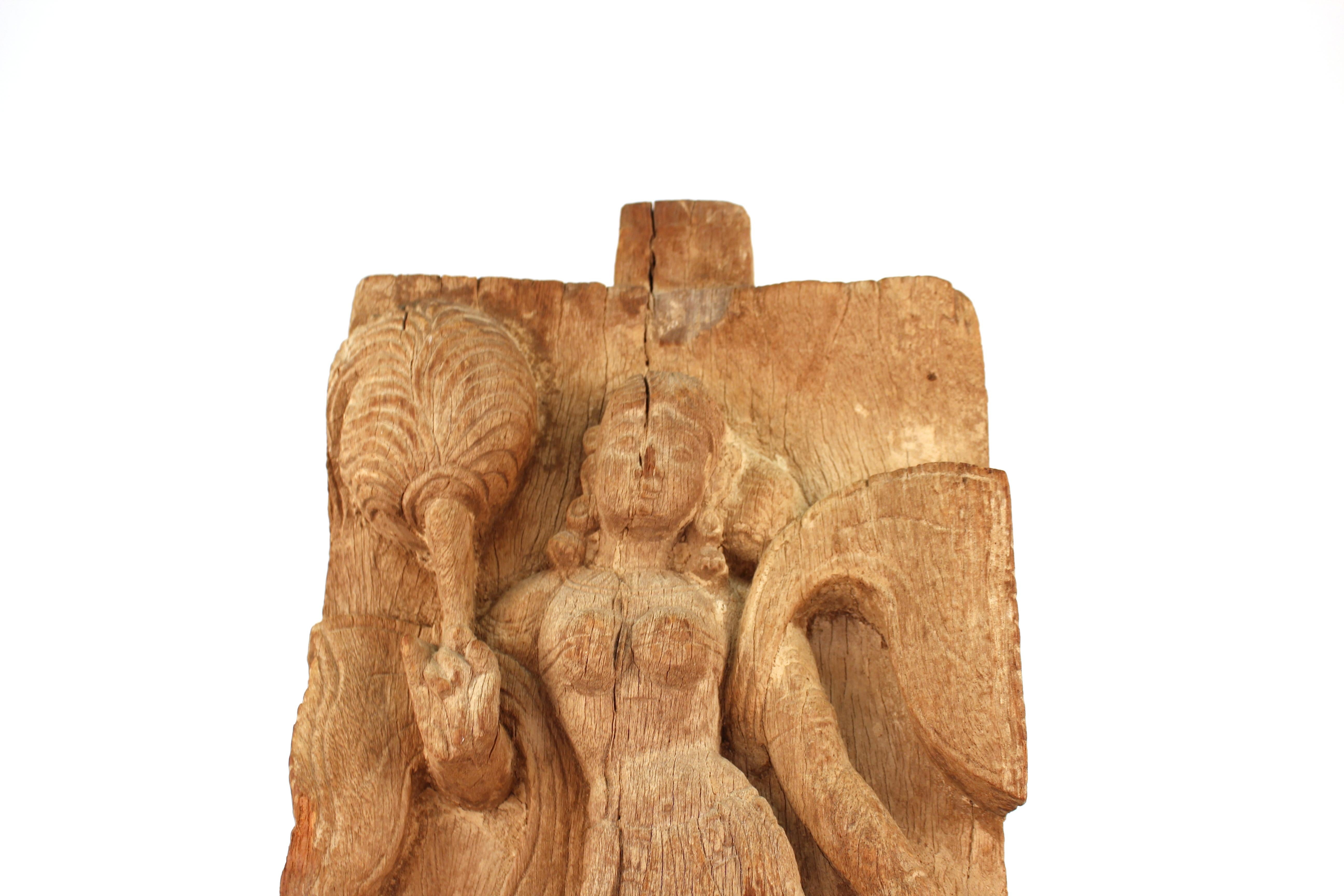 Indian Apsara with Fan on Carved Wood Plaque 1