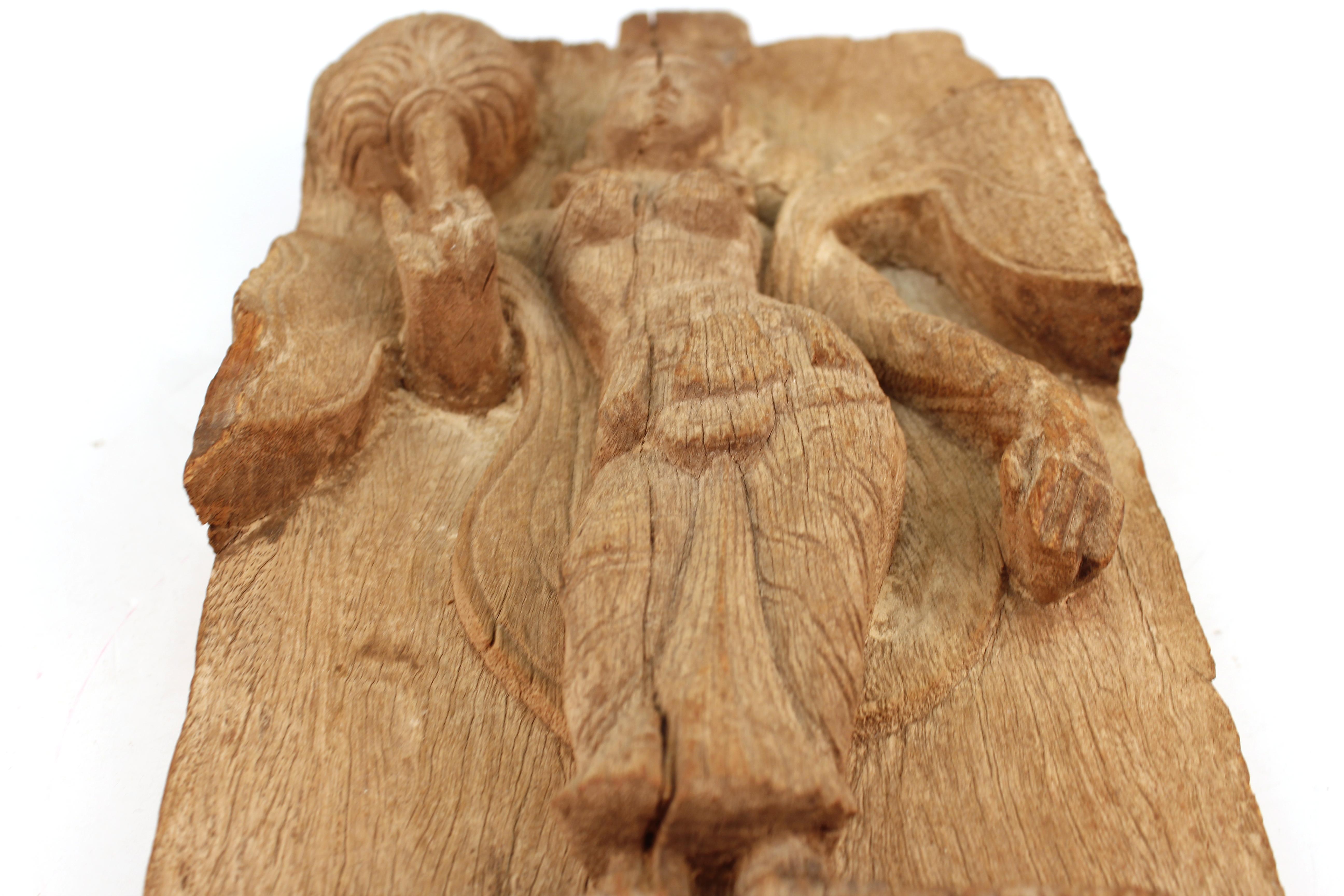 Indian Apsara with Fan on Carved Wood Plaque 2