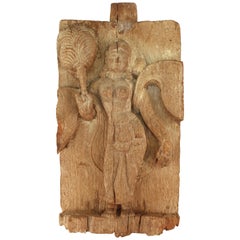 Vintage Indian Apsara with Fan on Carved Wood Plaque