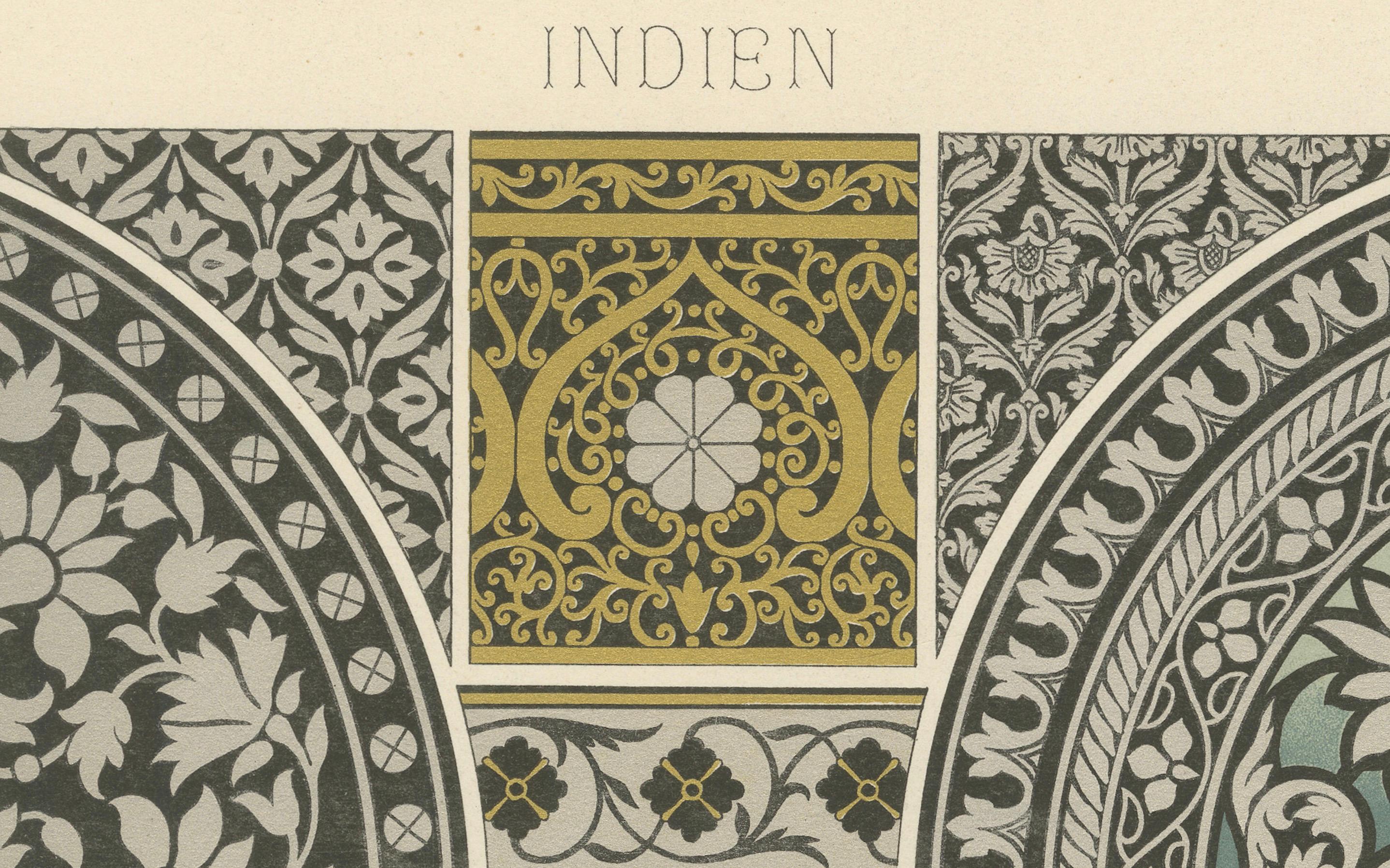Ornementation architecturale indienne - Motifs floraux et géométriques moghols, planche XVI

Cette étonnante chromolithographie du XIXe siècle tirée de *L'Ornement Polychrome*, planche XVI, présente une collection de motifs ornementaux tirés de