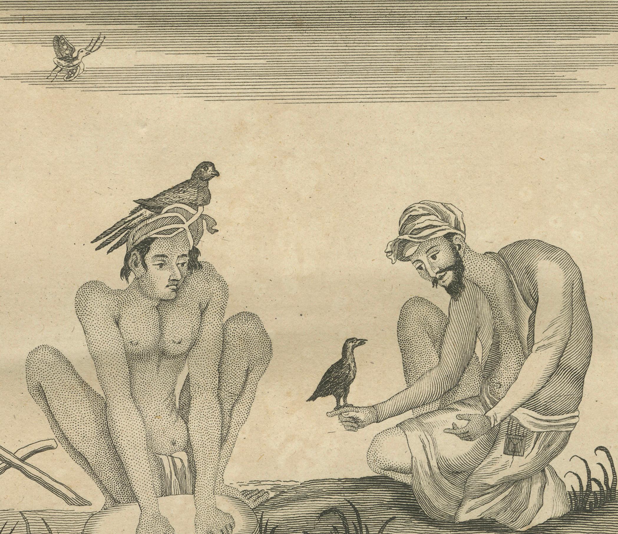 Ascetas indios y rituales de devoción - Dar de comer a los pájaros y actos de penitencia, 1734 Grabado en venta